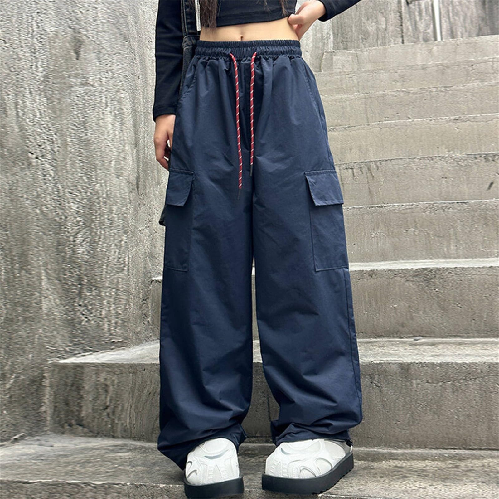 Girls Cargo Pants Kids Lightweight High Elastic Waist Sweatpants Casual Wide Leg Parachute Pants (Navy, 6-7 Years)