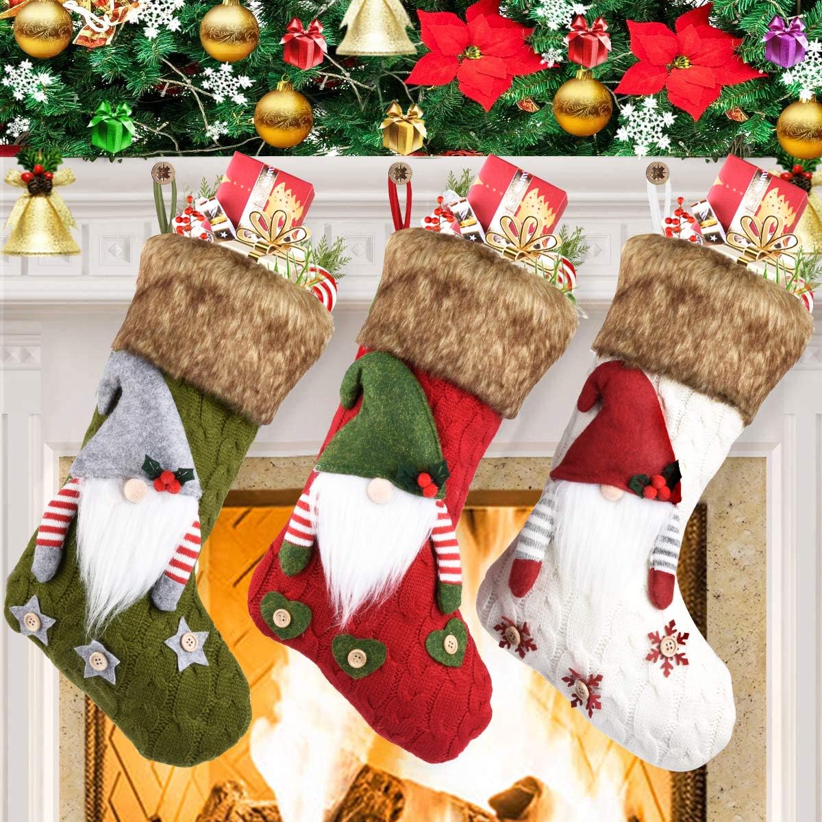 Christmas Stockings,3 Pack 16" Large Personalized Family Christmas Stocking with Stocking Holder,Swedish Gnome Xmas Character 3D Plush Burlap Knit Stockings for Holiday Christmas Party Decorations