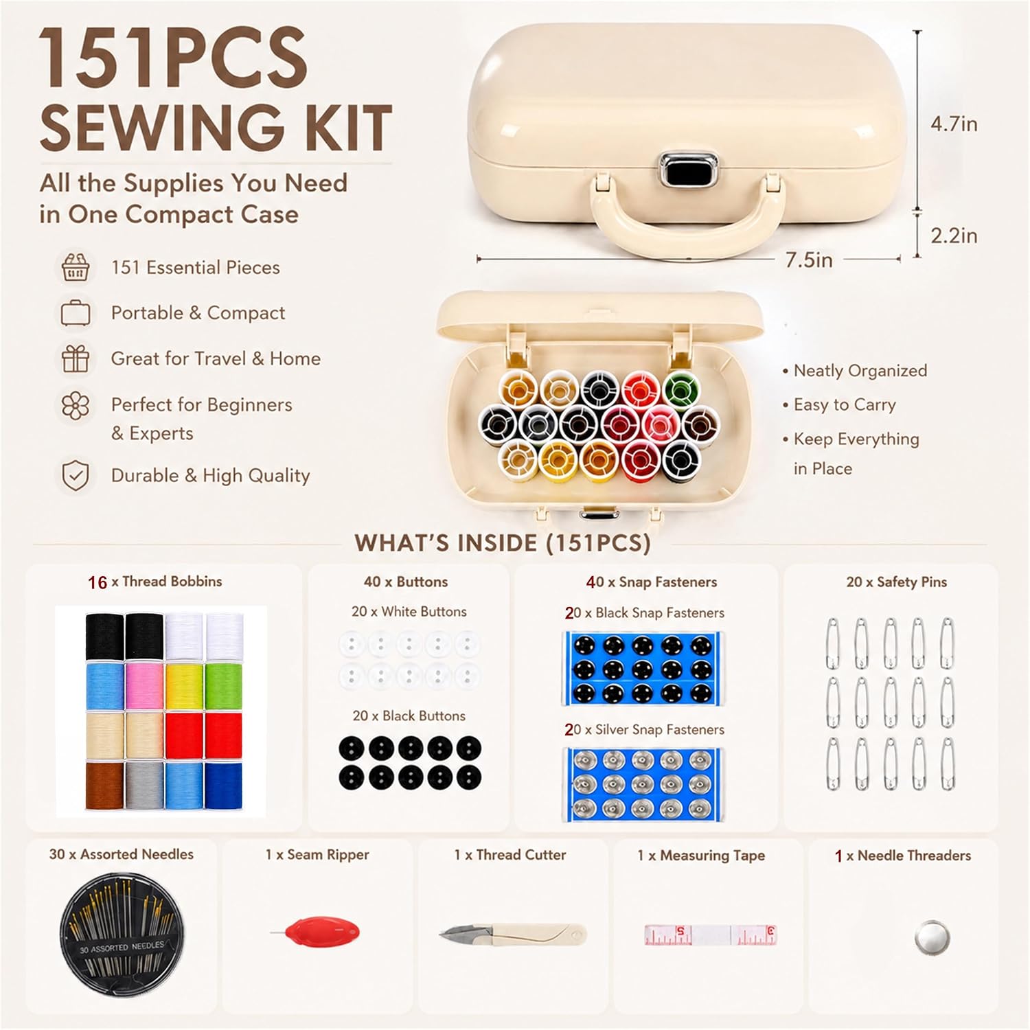 FKOG Retro Green Sewing Project Kit, 151 Pcs Sewing Kit with Portable Retro Hard-Shell Case, 18 Multicolor Thread Spools, Needles, Buttons, and Accessories (Used Green) image 2