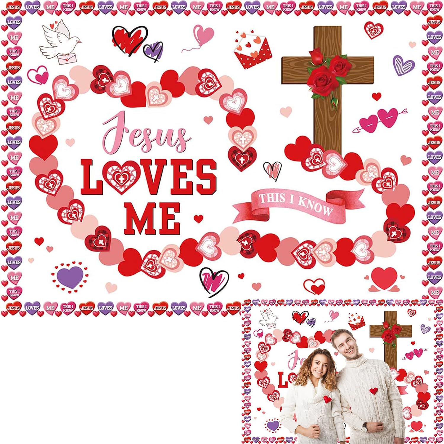 Valentines Day Jesus Backdrop Jesus Love Me This I Know Photography Background Happy Valentines Day Red Love Heart Wedding Anniversary Party Decorations Banner Photo Booth Props (7x5FT(82 x 59 inch))