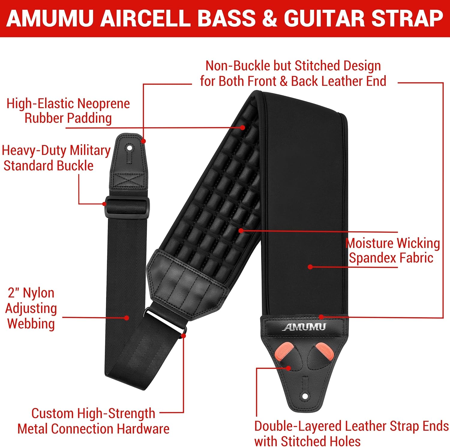 Amumu AIRCELL Bass & Guitar Strap 4" Ultra Wide - 0.7" Thick Breathable Convex 3D Air Cell Cushions - Neoprene Padding - Comfort Custom - Adjustable Length 44"-55"(STD)
