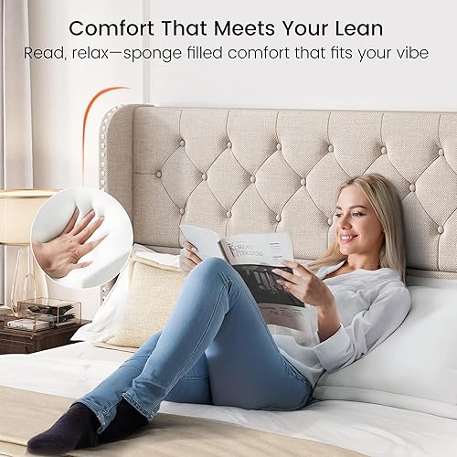 Miniatura 3 de LARMACE - Marco de cama tamaño King con 4 cajones de almacenamiento y cabecera tapizada con botones, cama de plataforma tapizada en lino con