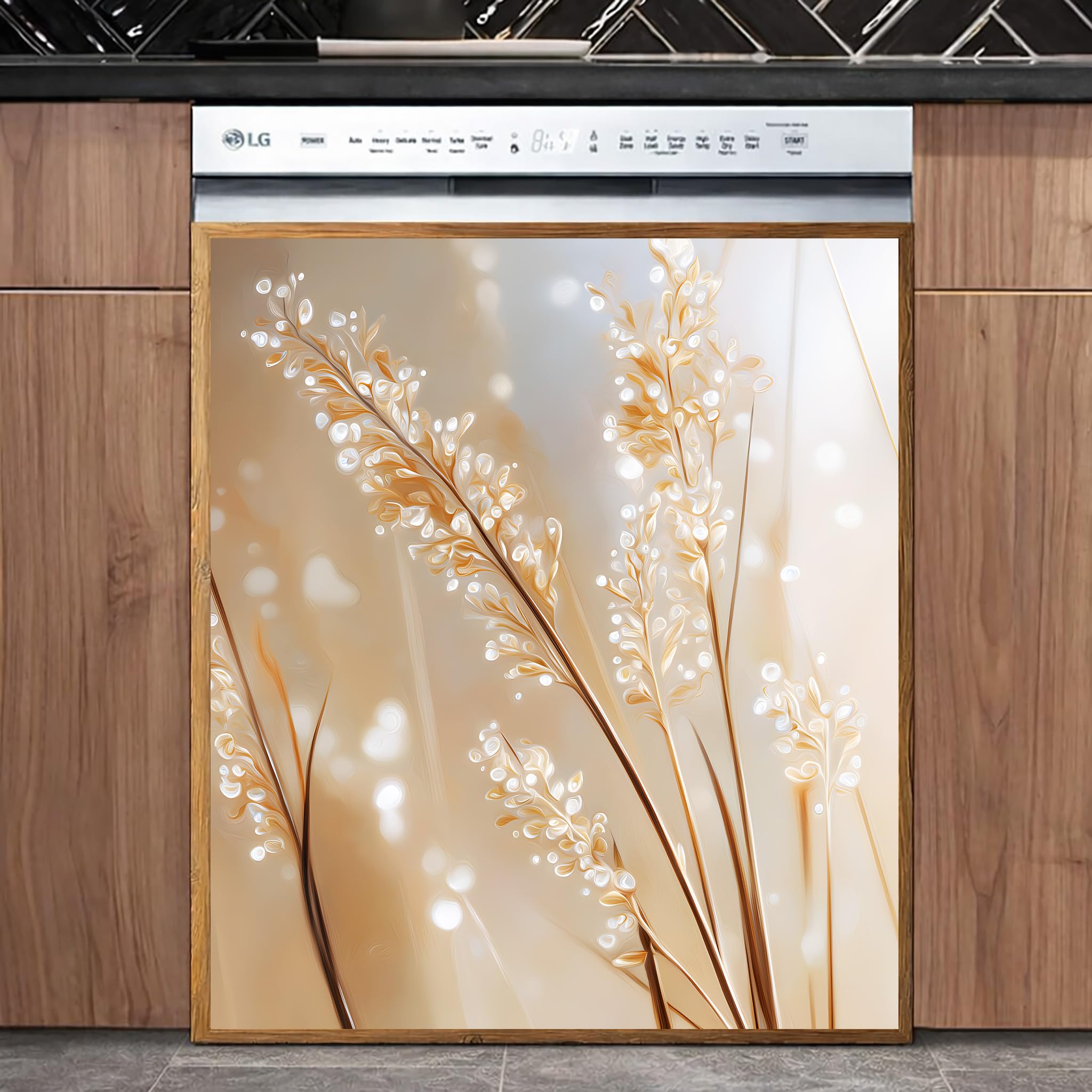 Condition photo showing New/Like New for dishwasher cover sticker 23x26 inch, neutral pampas grass botanical vinyl decal, beige gold minimalist peel and stick dishwasher door wrap, waterproof removable kitchen appliance decor(champagne)