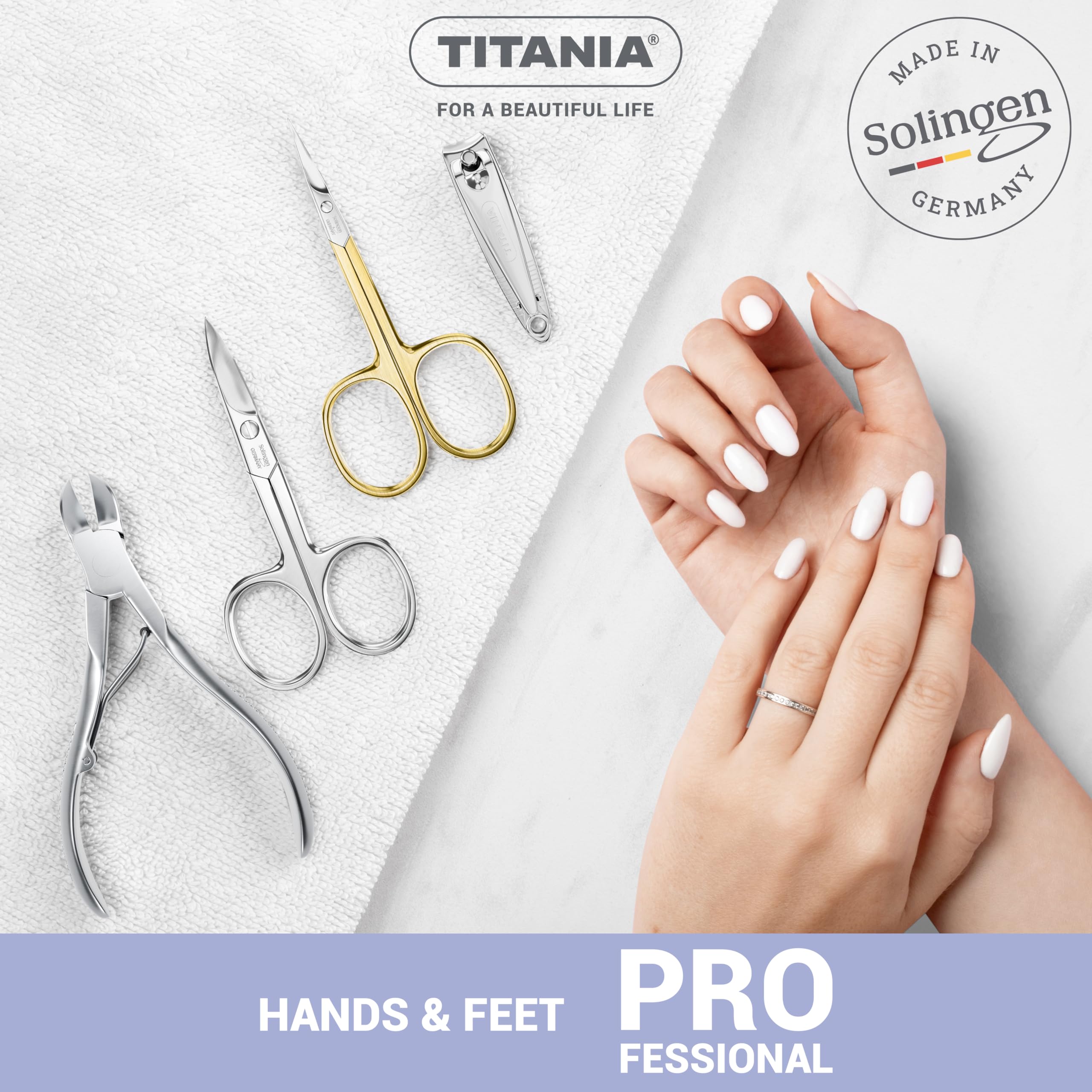 TITANIA Ciseaux à Ongles Solingen (9,5 cm) • Courbés et Extra Tranchants • Pour une manucure professionnelle • Acier au Carbone • Fabriqués en Allemagne