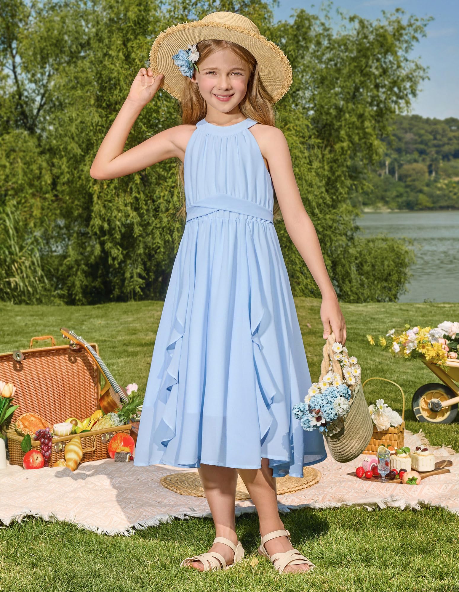 GRACE KARIN Mädchen Chiffon Kleid, Trägerhals und Längsrüschen, A-Linie für Festliche oder sommerliche Anlässe