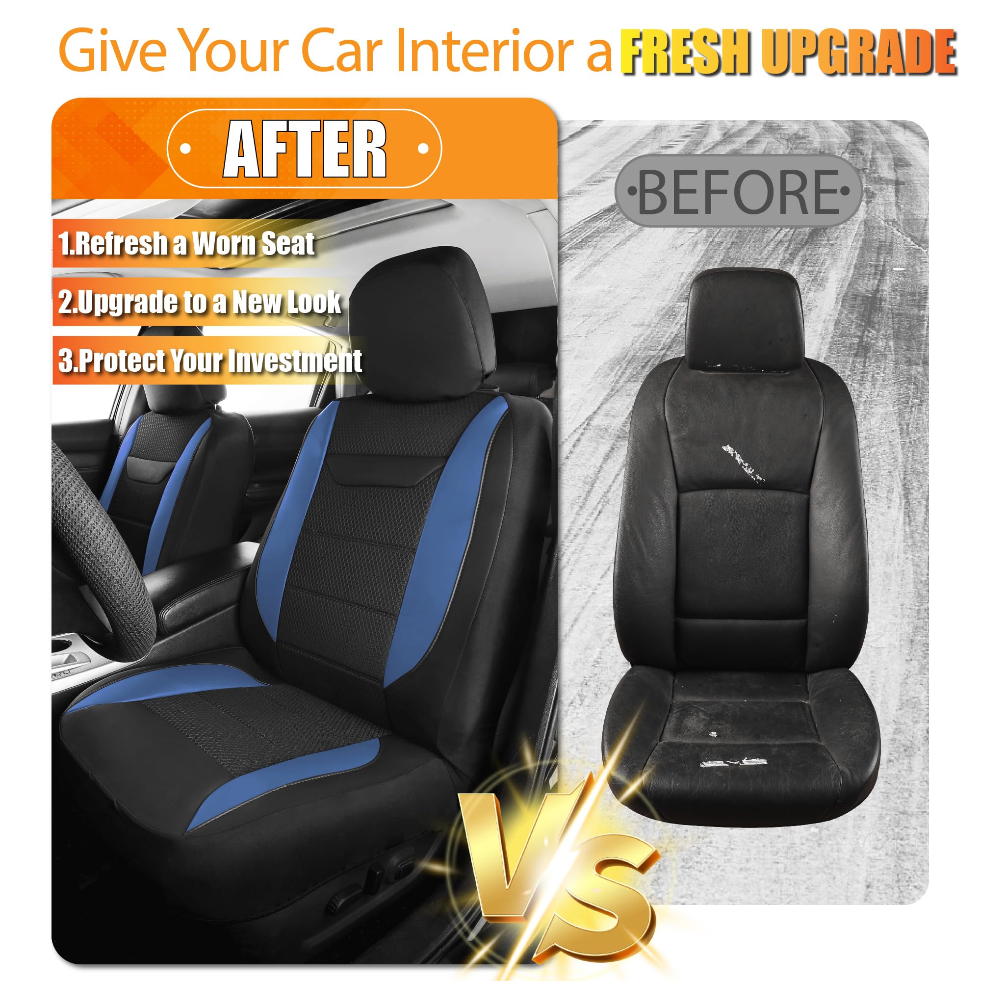kingphenix 2er-Pack Vordersitzbezüge aus Memory-Schaumleder, Atmungsaktives 4D-Mesh, Airbag- kompatibel, Universelle Passform für Autos, LKWs, Transporter, SUV – Blau