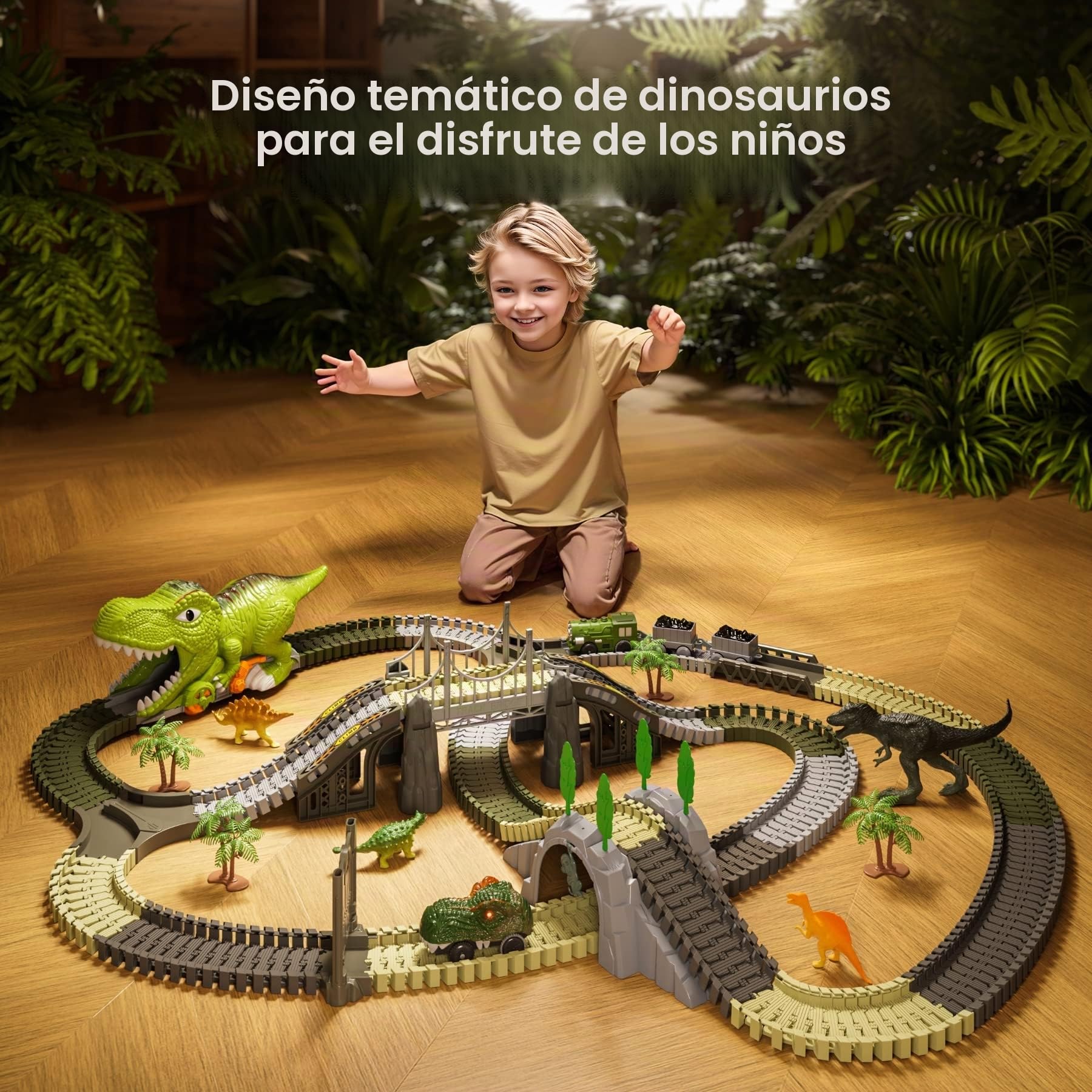 Dinosaurio Juguetes Pista de Carreras,281 Piezas Tren de Dinosaurios Juguetes para Niños de 3 4 5 6 años,Vías de Tren Flexibles con 4 Dinosaurios,2 Coches de Carreras Eléctricos con Luces