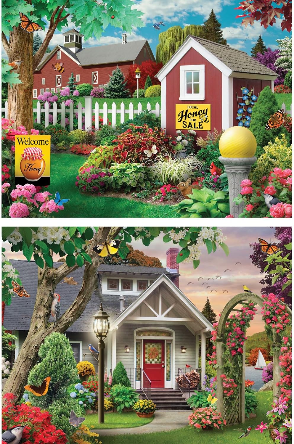 Bits and Pieces - Value Set of (2) 300 Piece Jigsaw Puzzles for Adults - Each Puzzle Measures 18" x 24" - 300 pc Colorful Bees Sunset Farmhouse Jigsaws by Artist Alan Giana