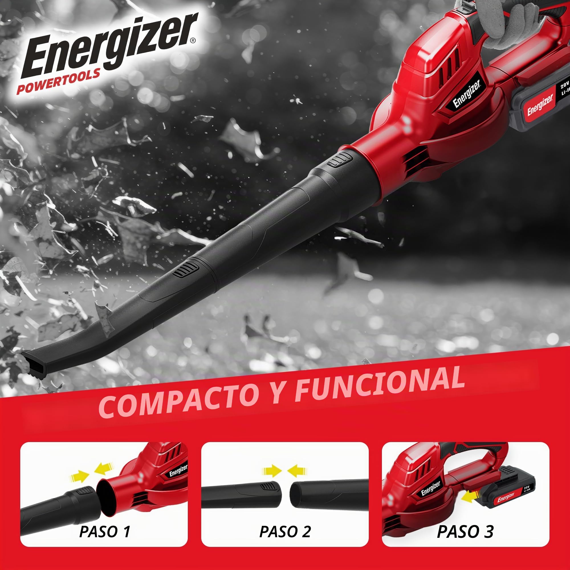 Energizer - Soplador de hojas inalámbrico de 20 V, velocidad de aire 210 km/h, caudal 5000 L/Min, motor 13000 RPM, ligero 1,2 kg, batería de 20 V y cargador incluido