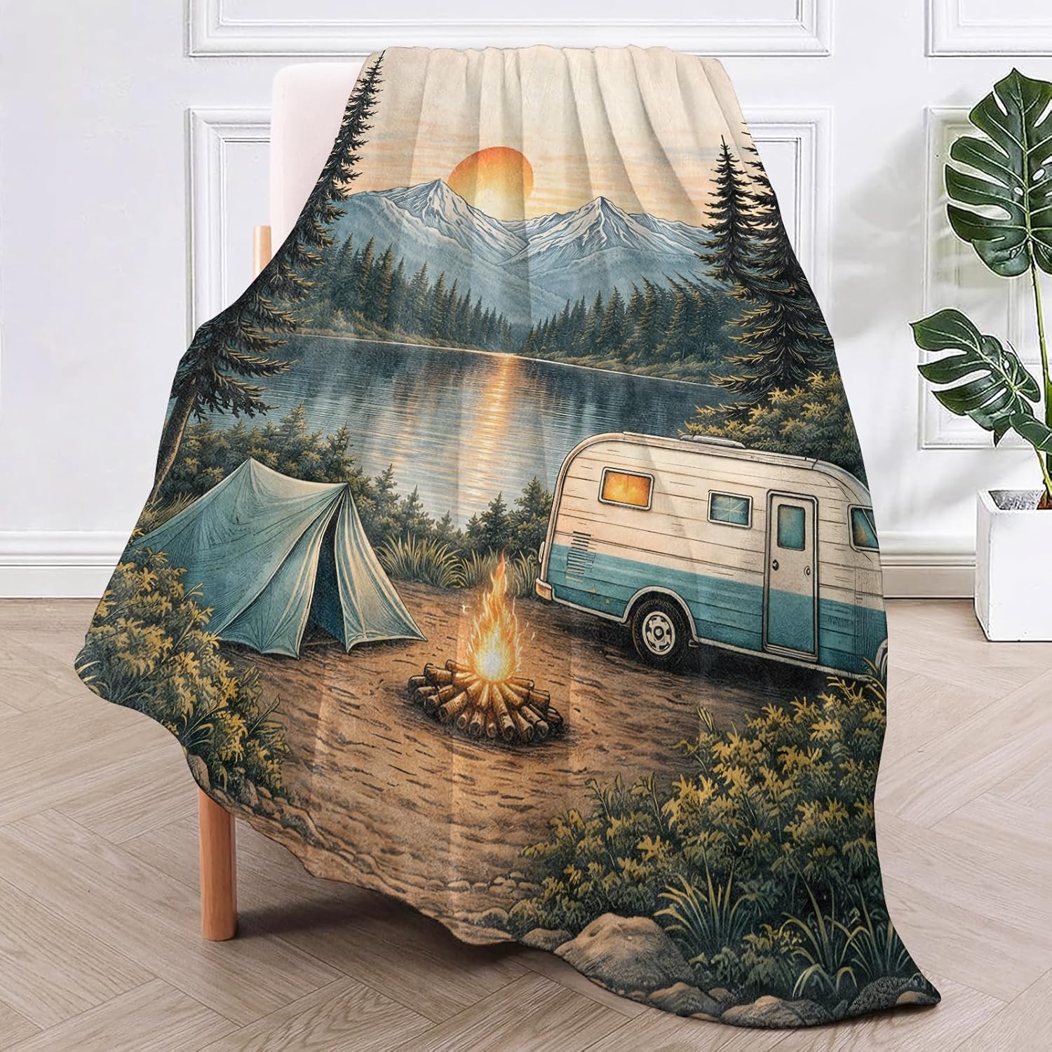Vintage Mountain Lake Camping Throw Blanket, Rv Trailer Tent and Sunset, Soft Flannel Fleece, 50x60 Inch, Couch Sofa Blankets for Hikers Campers, Cozy Rustic Outdoor Landscape Home Decor Gifts