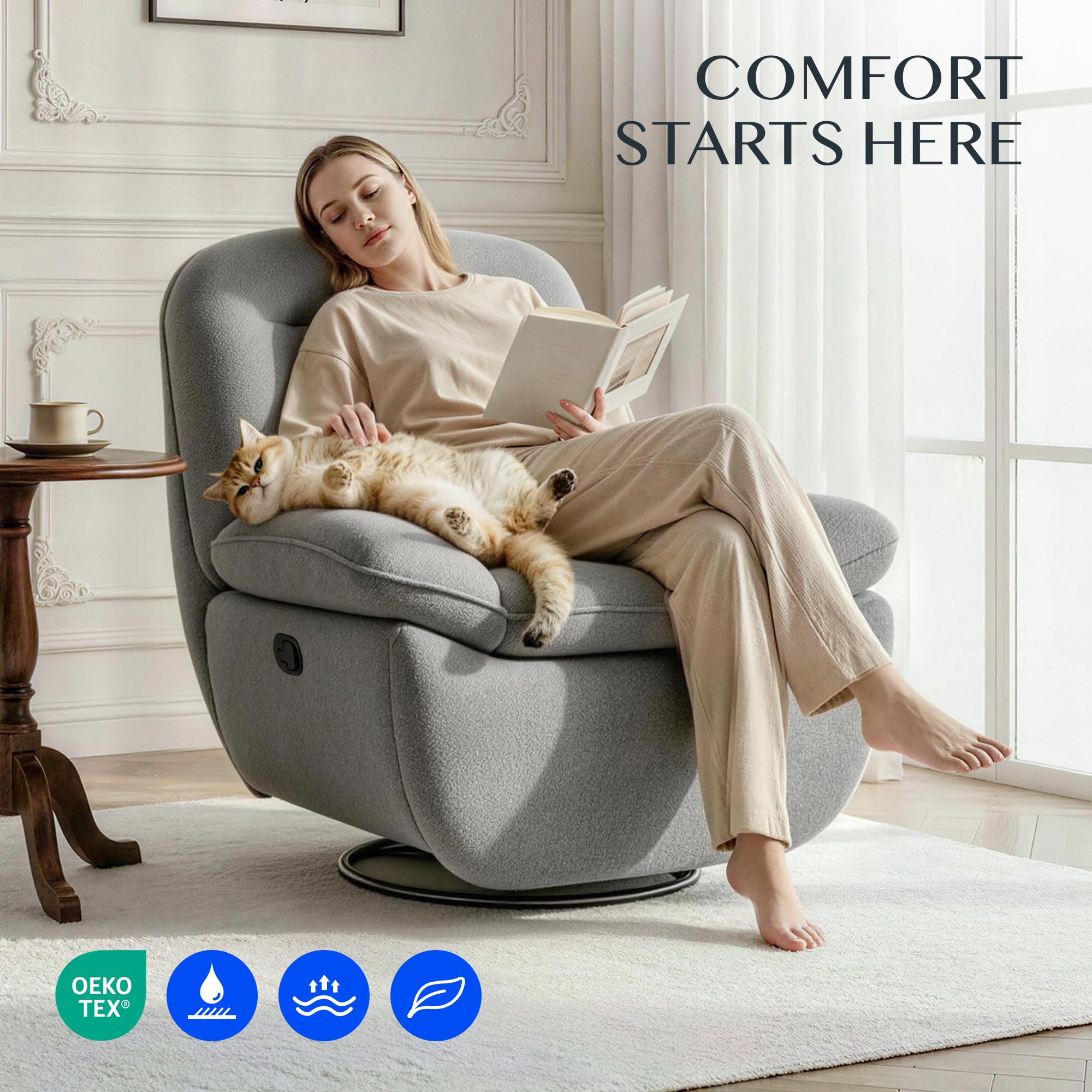 FLEXISPOT XC6 Sillón Relax, Sófa Giratorio con Función Balancín, Sillon TV con Respaldo Ajustable, Silla Reclinable para Dormitorio, Salón y Cine en Casa (Gris Claro)