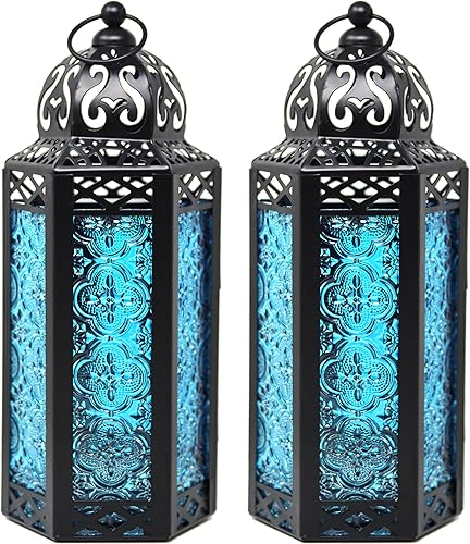Vela Lanterns - Farol portavelas decorativo, estilo marroquí, 2 piezas, cristal azul, tamaño mediano