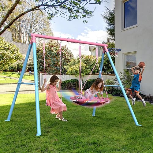 Miniatura 7 de Juego para exteriores 2 en 1 con platillo deslizante para patio trasero, equipo de juego resistente de 440 libras para niños y niños pequeños de 3 a