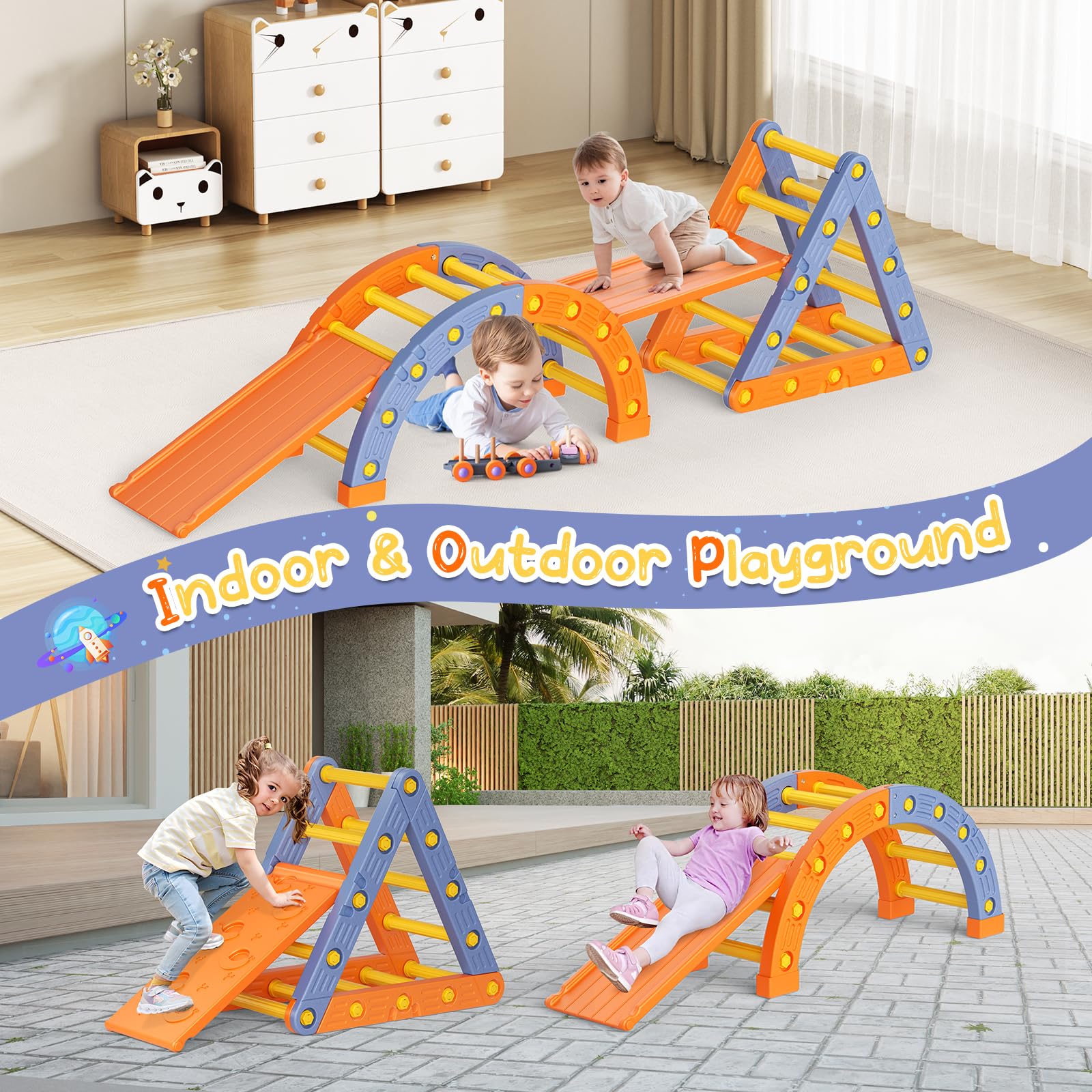 Montessori Klettergerüst Set, Indoor Kletterdreieck mit Dreieckiges Klettergerüst,Halbkreis, Leiter,Rutsche aus Kunststoff Kletterturnhalle für Babys (Orangeblau 005)