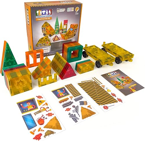 Miniatura 3 de Tytan Tiles Construction Site & Trucks - Juego de construcción de azulejos magnéticos de 60 piezas, divertido juguete STEM para niños, juego