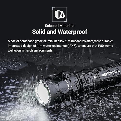 Miniatura 8 de Linterna recargable NEXTORCH P80 de alto lúmenes, linterna táctica LED de 2100 lúmenes con 5 modos y luz estroboscópica y rompecristales de vidrio