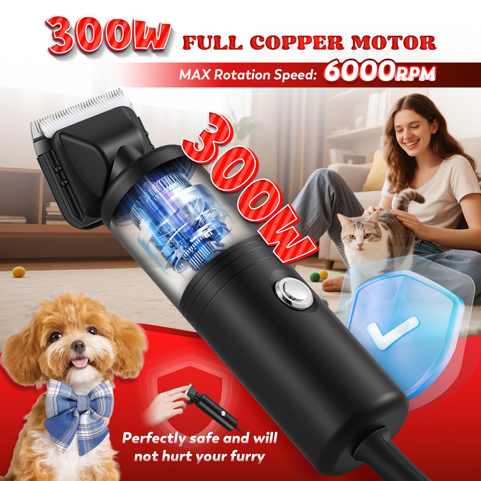 Moongiantgo 300W Cortapelos para Perros Profesional, 2000-6000RPM Control de Velocidad, Cuchillas de Cerámica Desmontables, Maquina Pelar Perros con Extra 1 Cuchillo & 2 Peines (Negro)