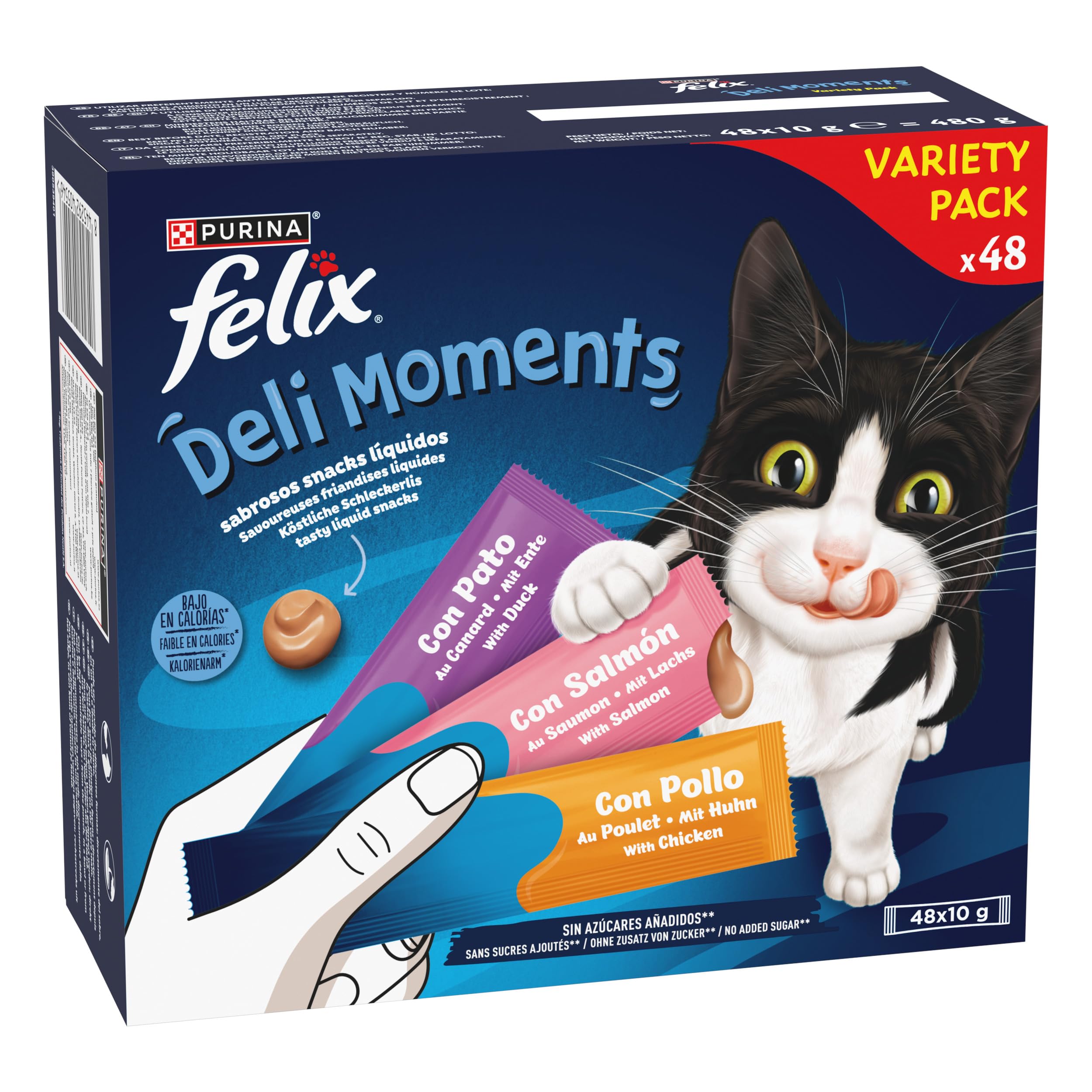 Purina Felix DeliMoments, Snack líquido, Premio para Gato Variedad de sabores, 6 Paquetes de 48 Sobres de 10g - 288 Sobres