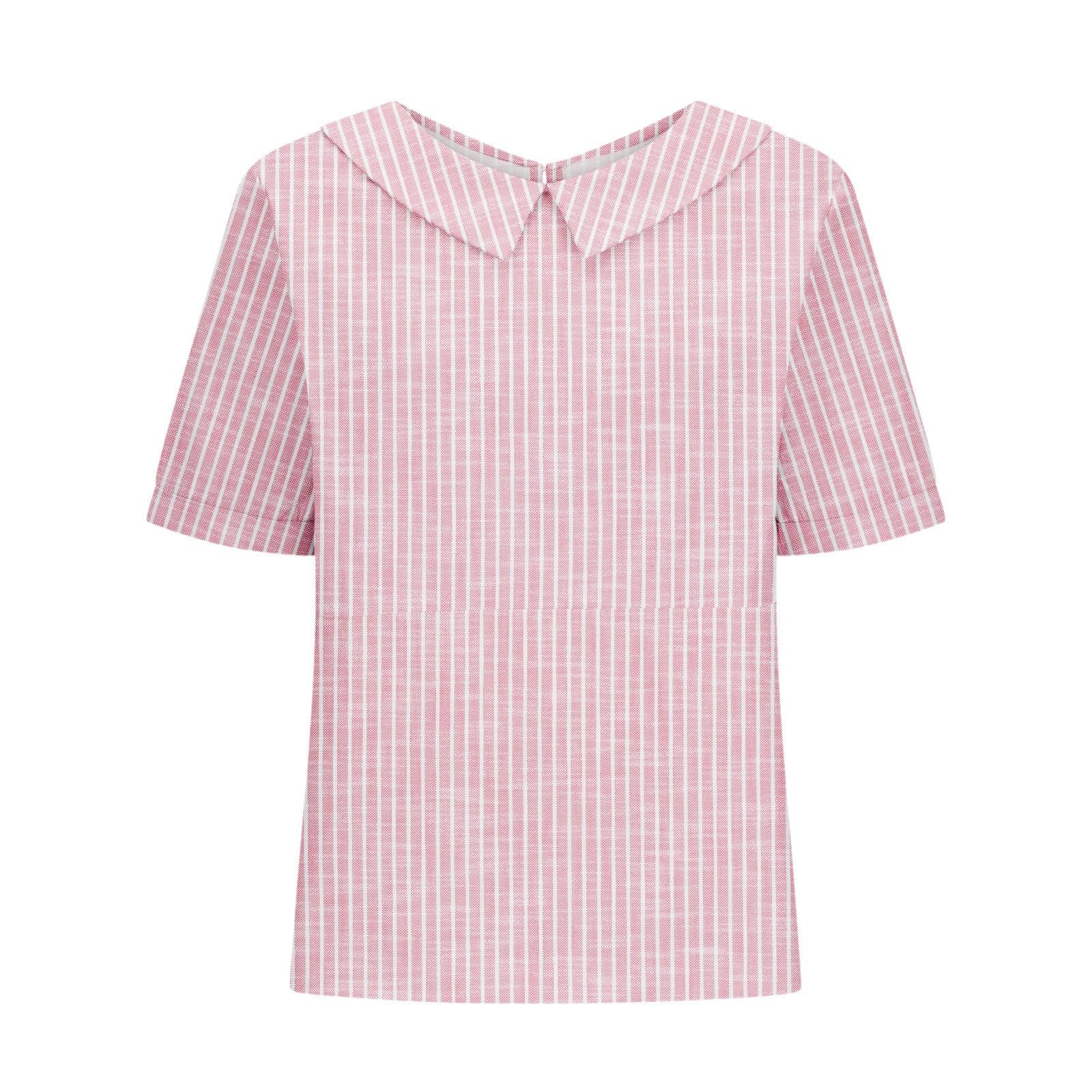 Gestreift Bluse Damen Elegant Peter-Pan-Kragen Blusenshirt Kurze Ärmel Tshirt Gestreiftes Oberteil Tunika Lose Hemdbluse Sommerbluse Shirtbluse Blusehemd Blusen Damenblusen Blusentop