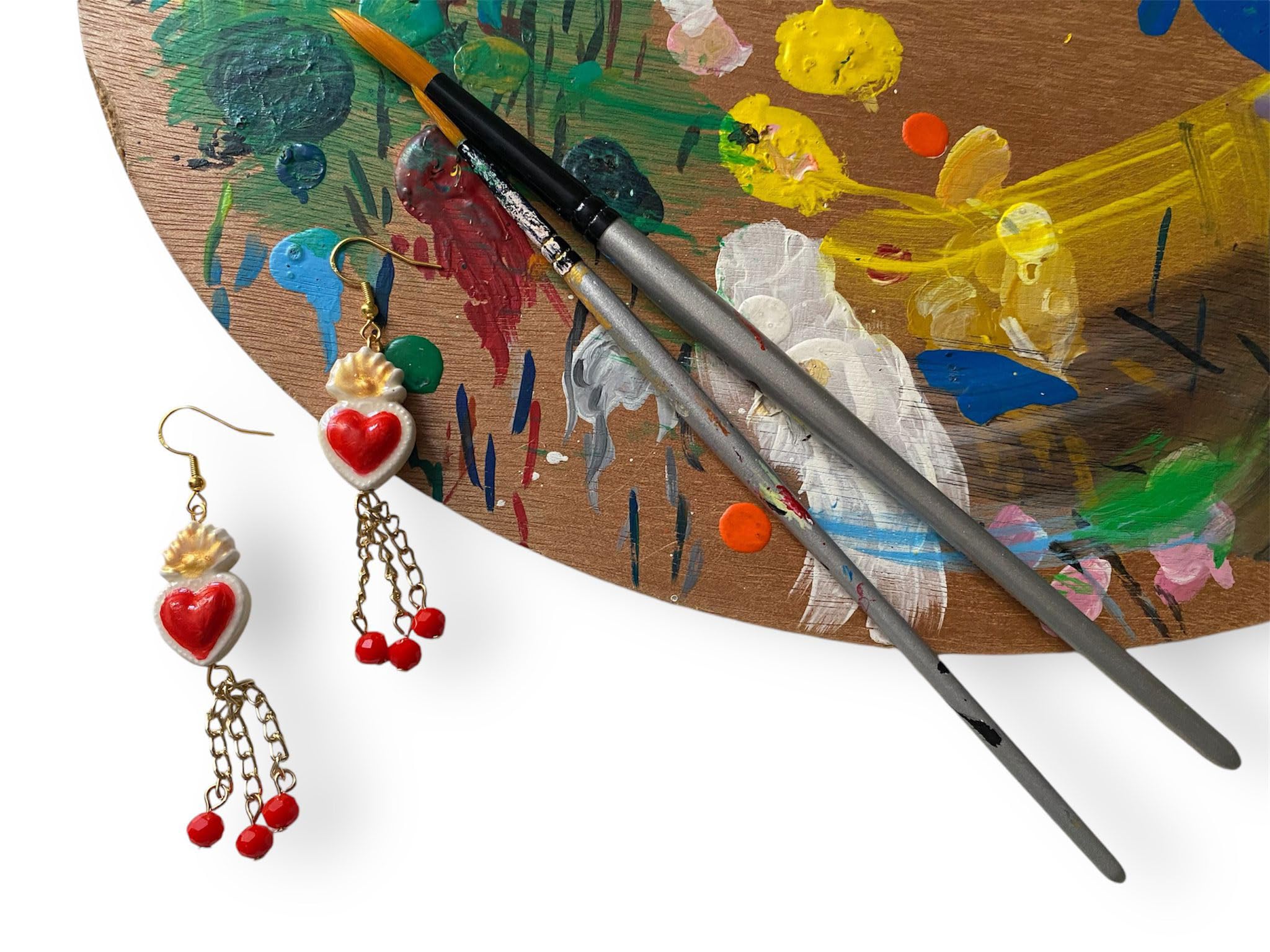 Pendientes de cerámica pintados a mano CORAZÓN SAGRADO EN CERÁMICA - Pendientes de mujer, Joyas pintadas a mano, Gancho de plata, Made in Italy, Elaboración artesanal