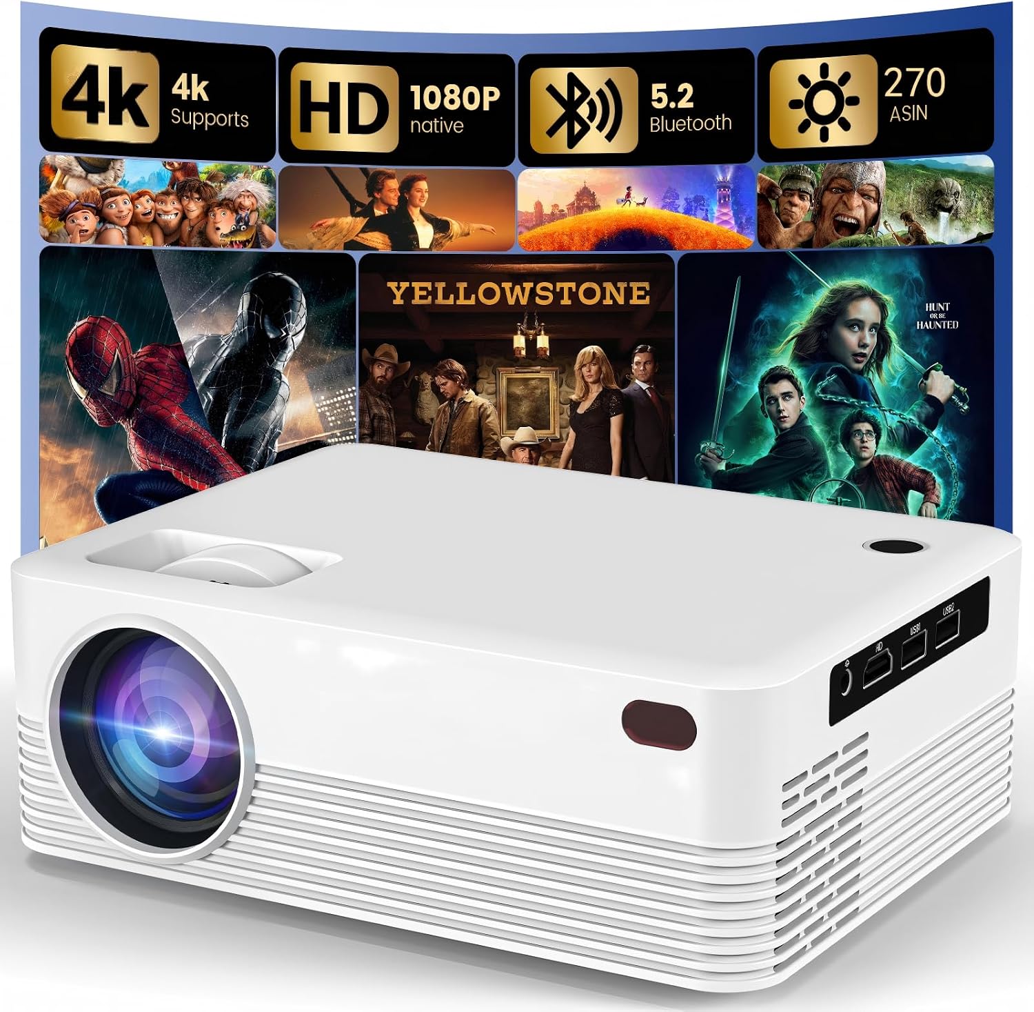 Smart Projector with Wi-Fi and Bluetooth,4K Support Video projector