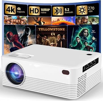 Native 1080P Dreamfair Projector with WiFi and Bluetooth, 270ANSI Support 4K, Portable Projector with Rack, 40"-200" Screen Video, Compatible with Smartphone, TV Stick, Laptop, HDMI, USBWhite