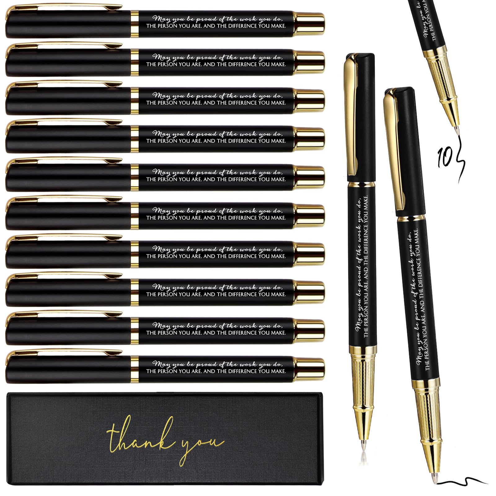 PerKoop 10 Pcs Thank You Gifts Inspirational Ballpoint Pens with Gift Boxes Motivational Quote Pen Bulk Appreciation Gifts for Employee Coworker Teacher Nurse Friends Gifts (Black,Difference)