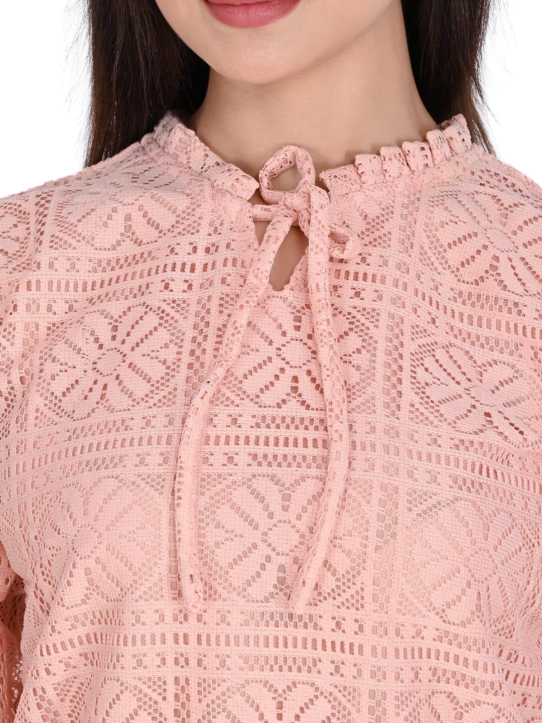 ORIEX THE ORIGINAL FASHION ORX-Girls tie up Neck Long Bishop Sleeves Knitted net top-141 (in, Alpha, XL, Regular, Peach) - Image 4 thumbnail