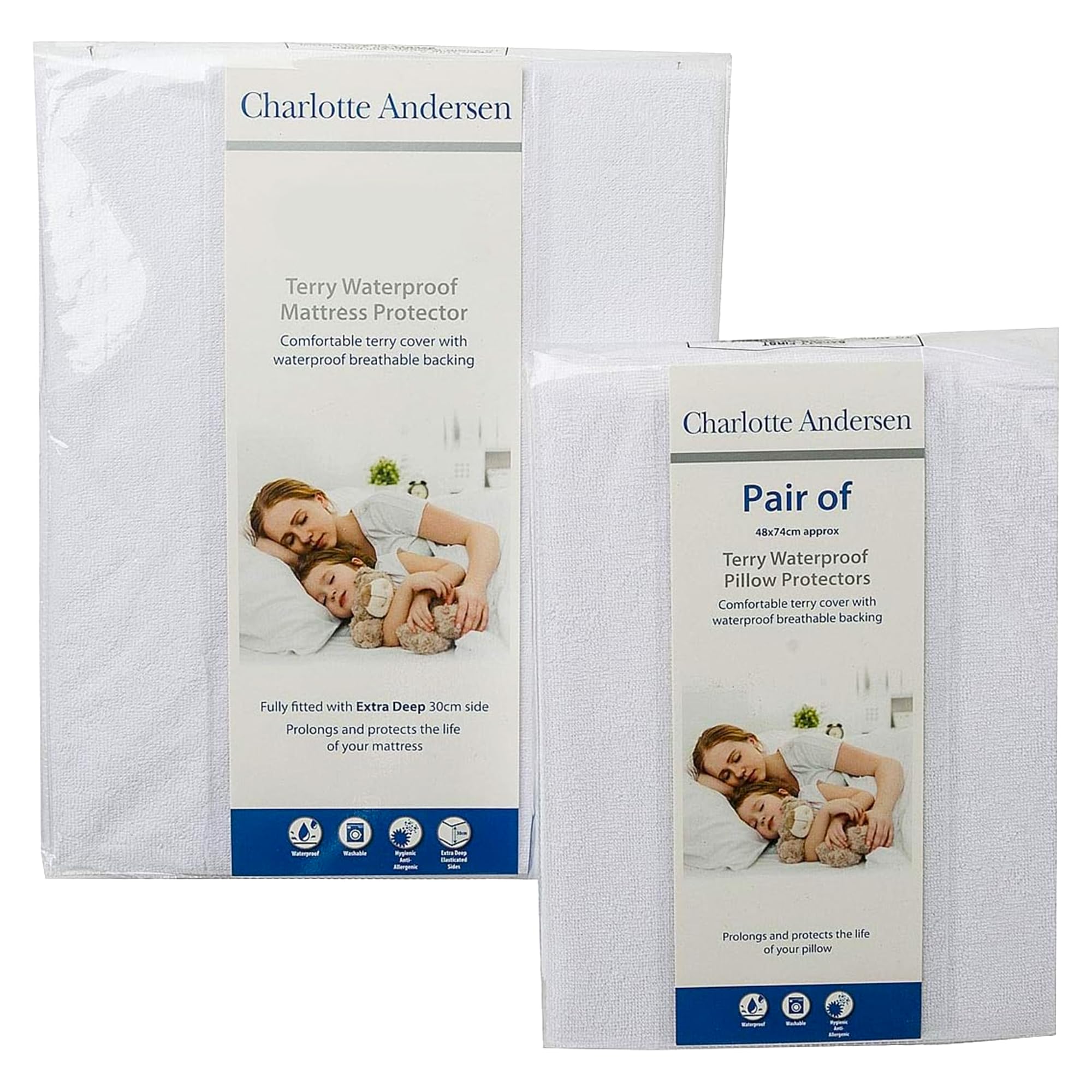 Charlotte Andersen White Waterproof Mattress Protector Double – 35Cm Extra Deep Fitted, Terry Cotton Blend, Noiseless, Breathable & Hypoallergenic Bed Protector (Pair Of Waterproof Pillow Protectors)