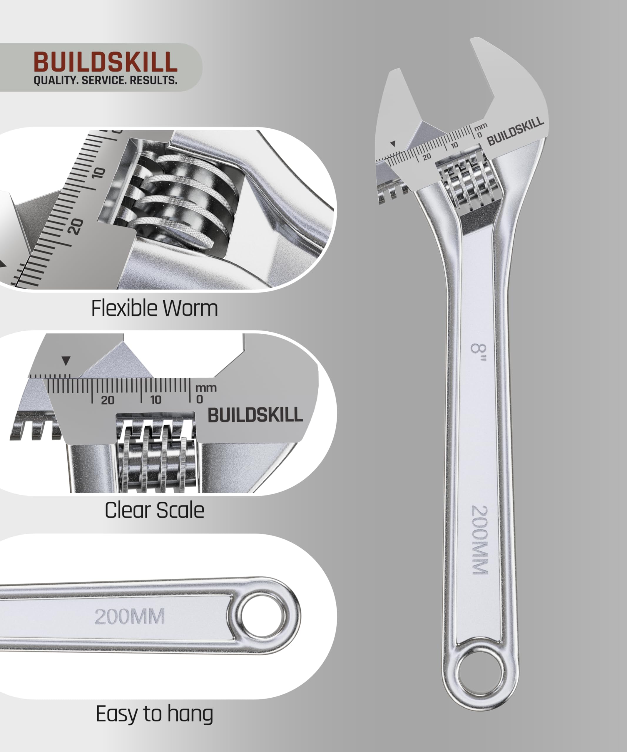 BUILDSKILL 8" 200mm Adjustable wrench | Chrome Vanadium Steel | Professional & Home Use | Single sided | Rust resistant plumbing tools | Adjustable spanner with lasered scale (6 months warranty) 2