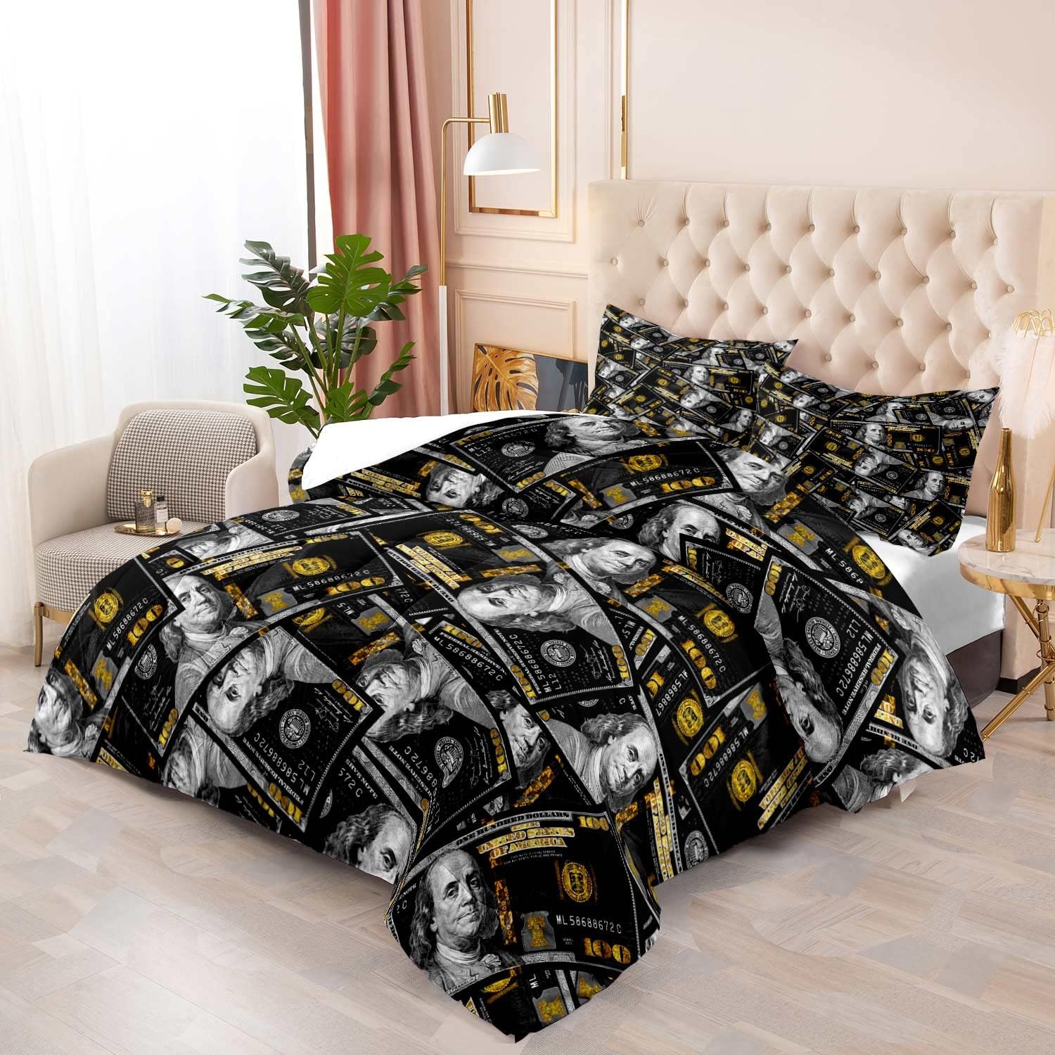 LUVIVIHOME 3PCS Luxury Money Comforter Set Queen Size, Black and Gold Comforter Quilt, Bill Cash One Hundred Dollar Bedding Sets for Boys Kids Teens, Funny Cool Bedroom Decor for Men, 2 Pillow Shams