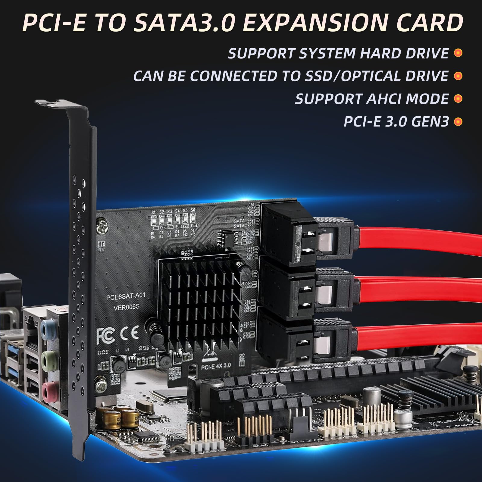 Adaptateur PCIe x1 SATA 6 Ports, controleur Gen3 6Gbit/s, ASM1166 | incl. 6 câbles SSD/HDD compatible avec Windows XP,7,8,10,11,Linux,macOS, 6 câbles SATA, 15 broches