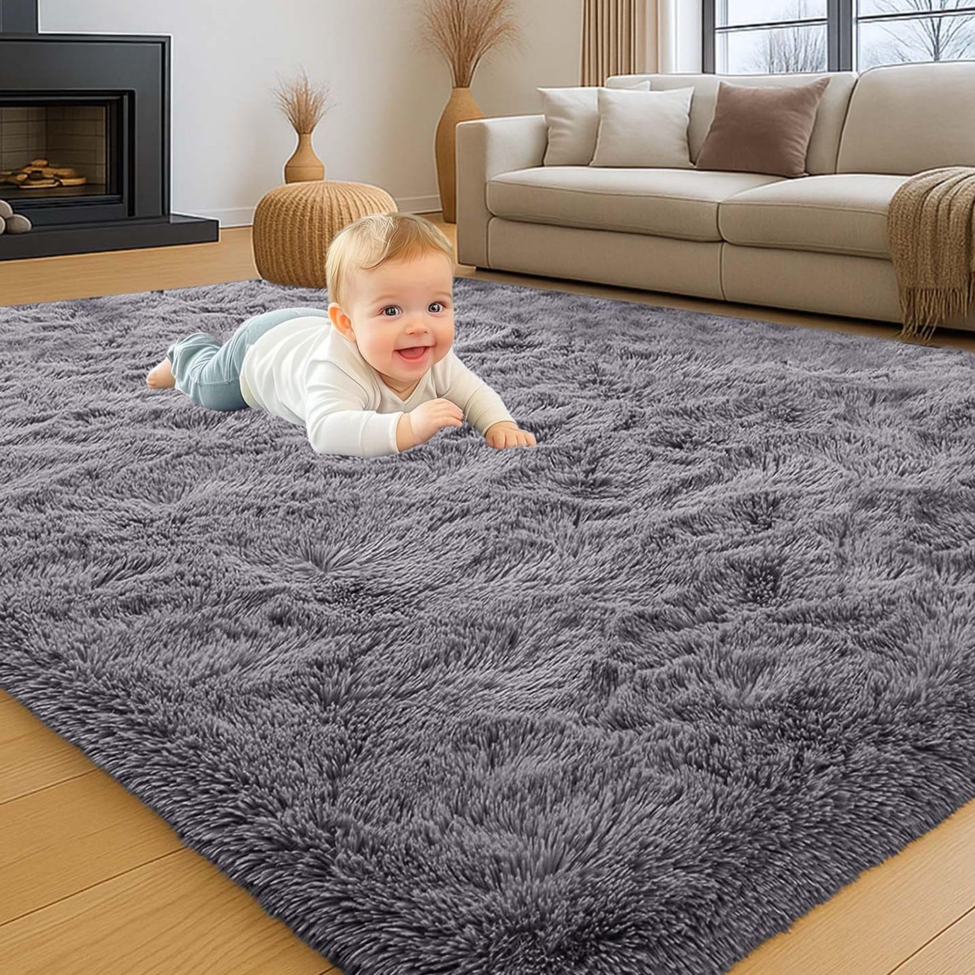 INSPIRE HOMEWARE Rugs Living Room 160x230 cm Soft Fluffy Grey Rug Bedroom Non Shedding Modern High Pile Carpet for Lounge Nursery Rug for Kids Room