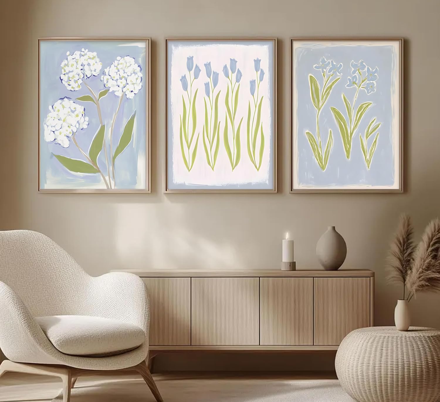3Pcs Blue Green Tulip Hydrangea Flower Wall Art Flowers Plant Aesthetics Painting Picture Decor Elegant Preppy Poster Print Artwork for Living Room Gallery Bedroom Dorm Home Decoration