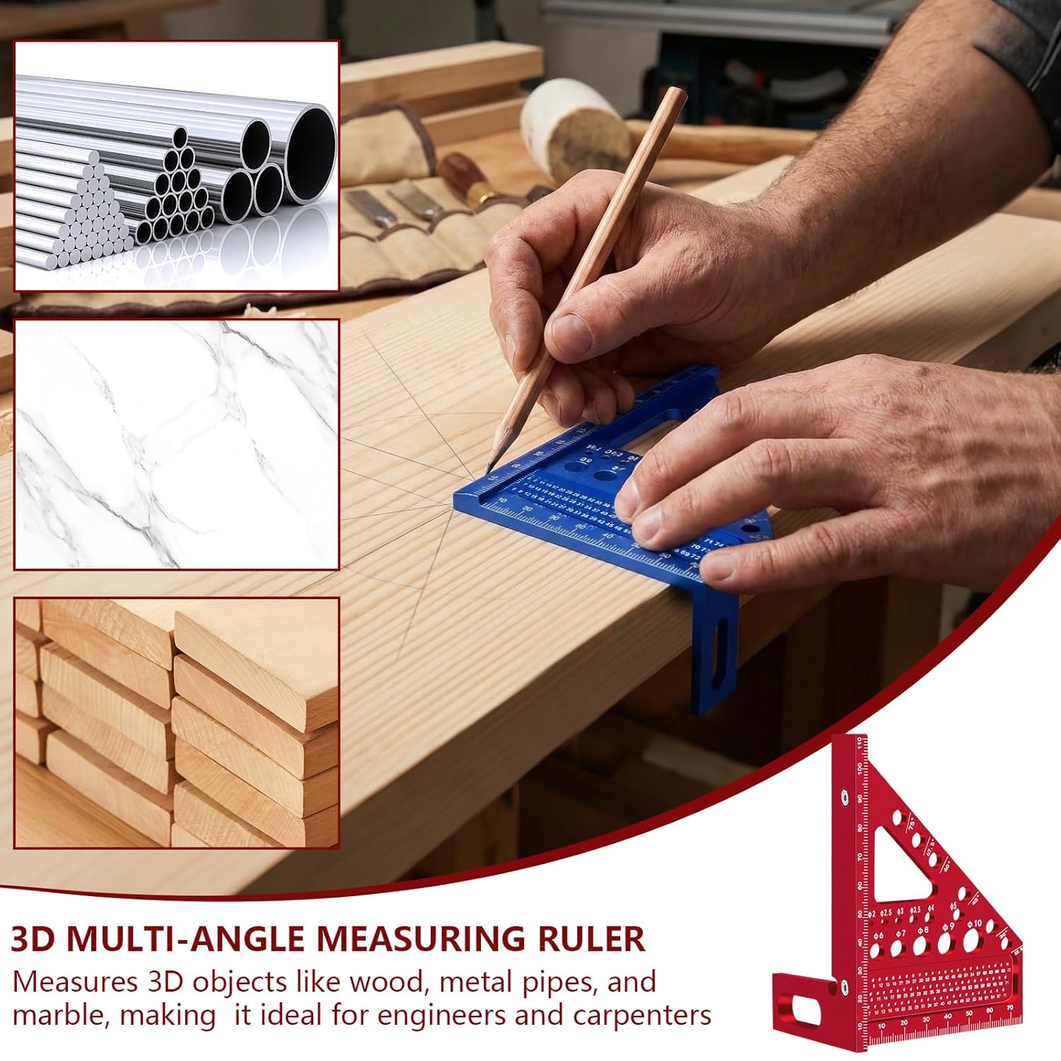3D Carpenter's Square 22.5°-90°, Aluminium Carpenter's Square, Measuring Ruler for Carpentry and Precise Measurements
