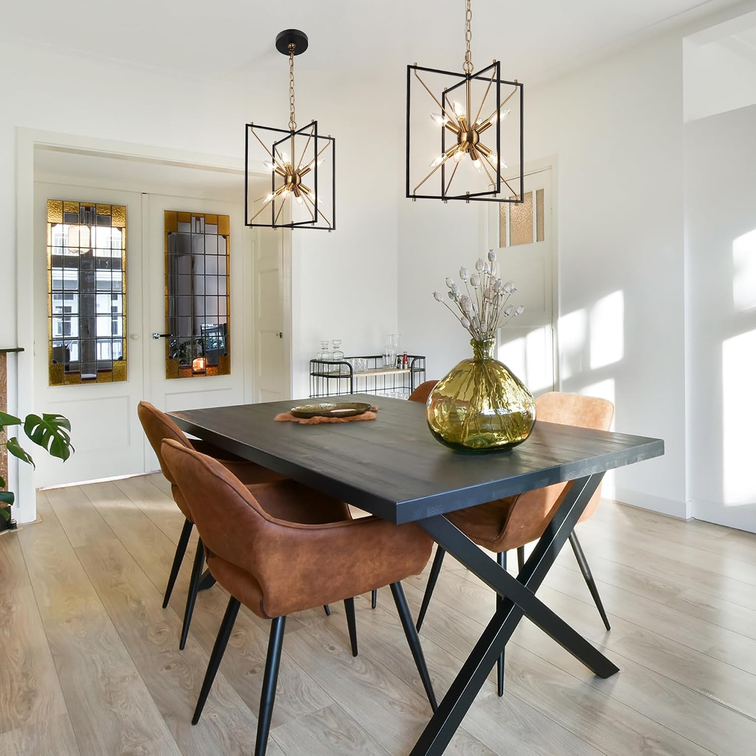 KSANA Black and Gold Chandelier, Modern 8-Light Geometric Lantern Pendant Light Fixture, Mid-Century Sputnik Design with Electroplated Brass Accents for Dining Room, Kitchen Island, or Entryway