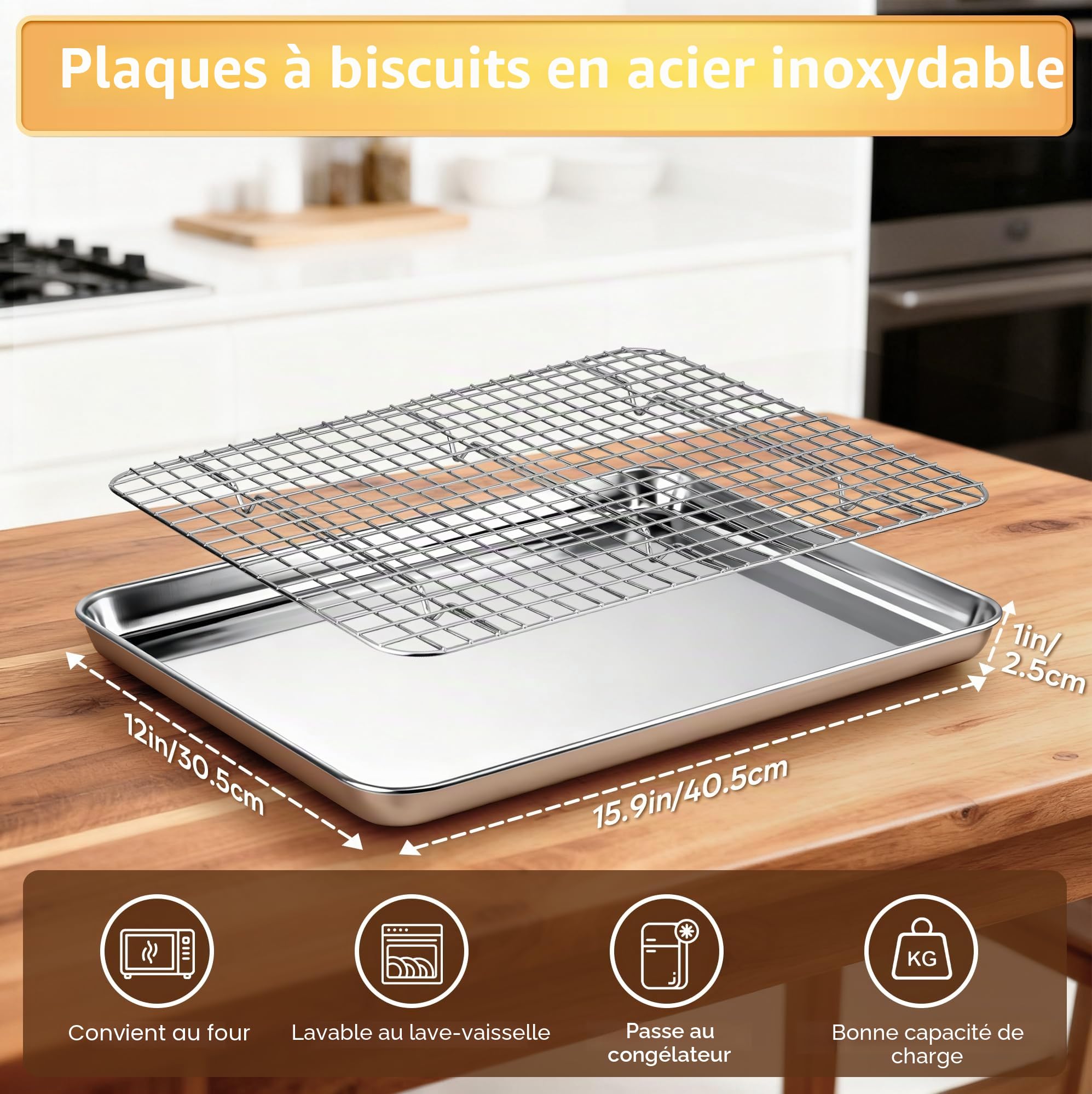 Fire More Plaque de Cuisson avec Grille de Refroidissement: un lot Plaques et Grilles pour Cuisson au Four en Acier Inoxydable, Plat Four pour Rôti la Maison Cuisine Barbecue 40,5x30,5x2,5cm