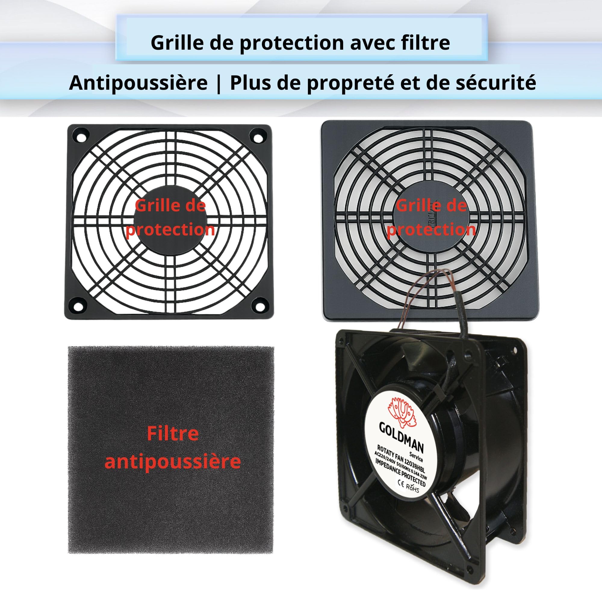 GOLDMAN SERVICE | Ventilateur Axial Haute Température avec Grille et Filtre pour Insert de Cheminée | Silence & Lames Métalliques Puissantes | Dimensions : 120×120×38 mm (23 W)