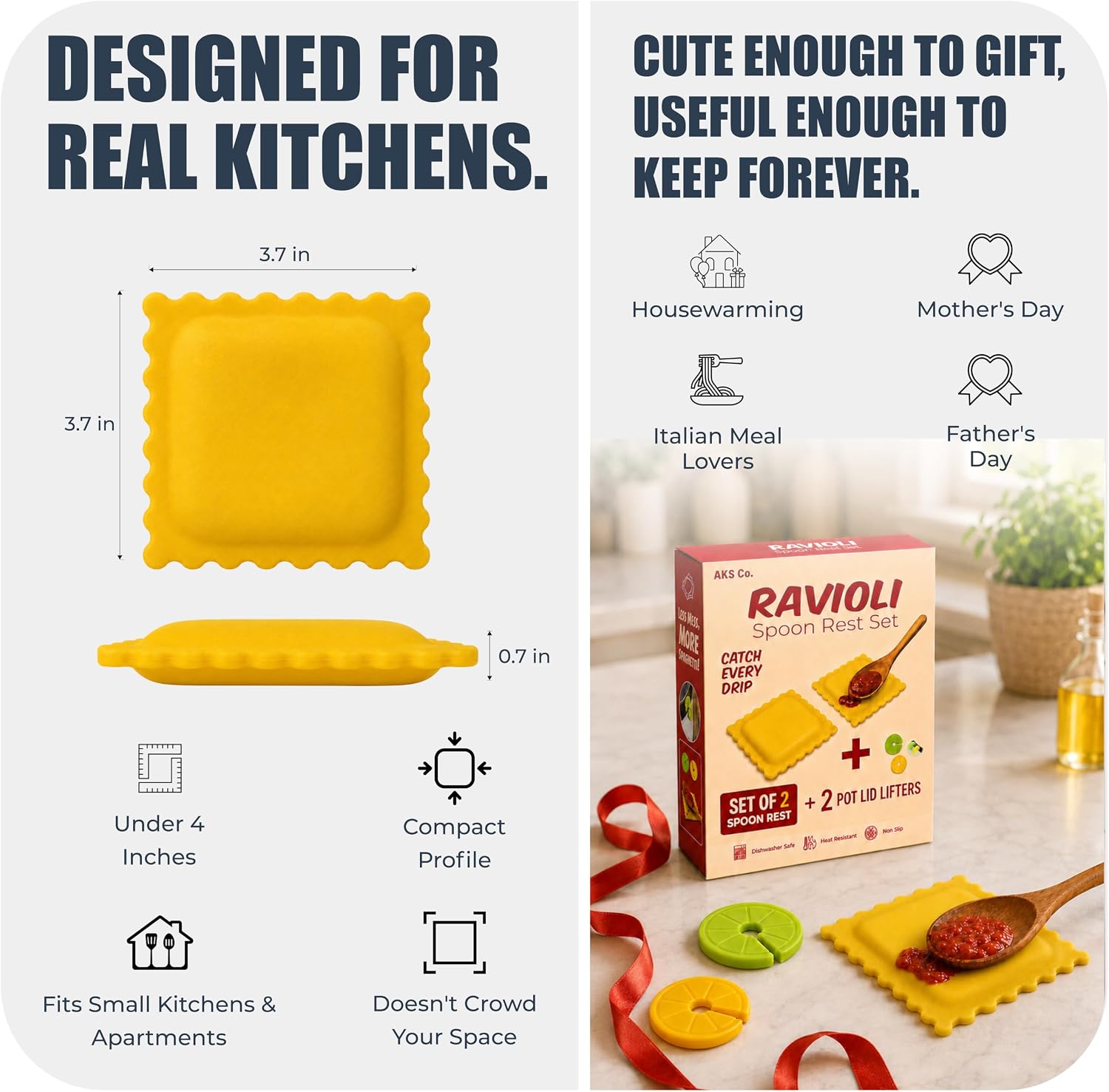 Ravioli Spoon Rest Set of 2 + Pot Lid Lifters - Food-Grade Silicone, Pasta Shaped Utensil Holder for Kitchen Counter - Italian Kitchen Decor & Housewarming Gifts