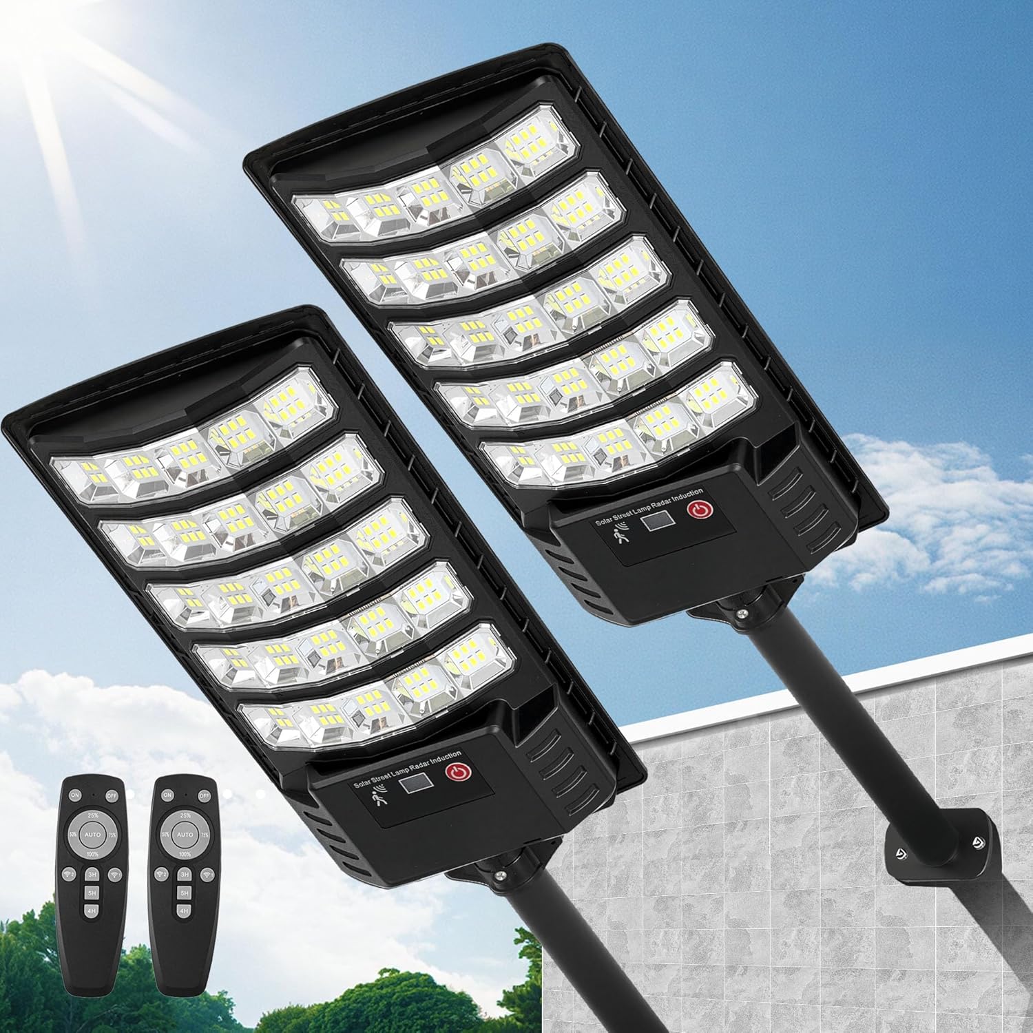 Solar Street Lights Outdoor Waterproof, 2 Pack High Lumen Solar Outdoor Flood Lights with Motion Sensor, Lamparas Luces Solares para Exteriores Dusk to Dawn Commercial Lighting for Yard
