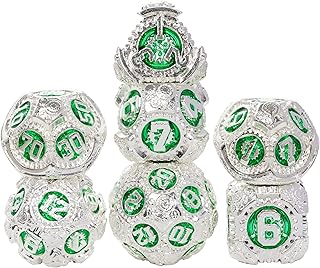 IUSTIDIE Metal Dice Set D&D, 7-Die DND Dice Metal Gear Dice with Dice Gift Bag for DND Dungeons and Dragons Role Playing Games (Silver Green)