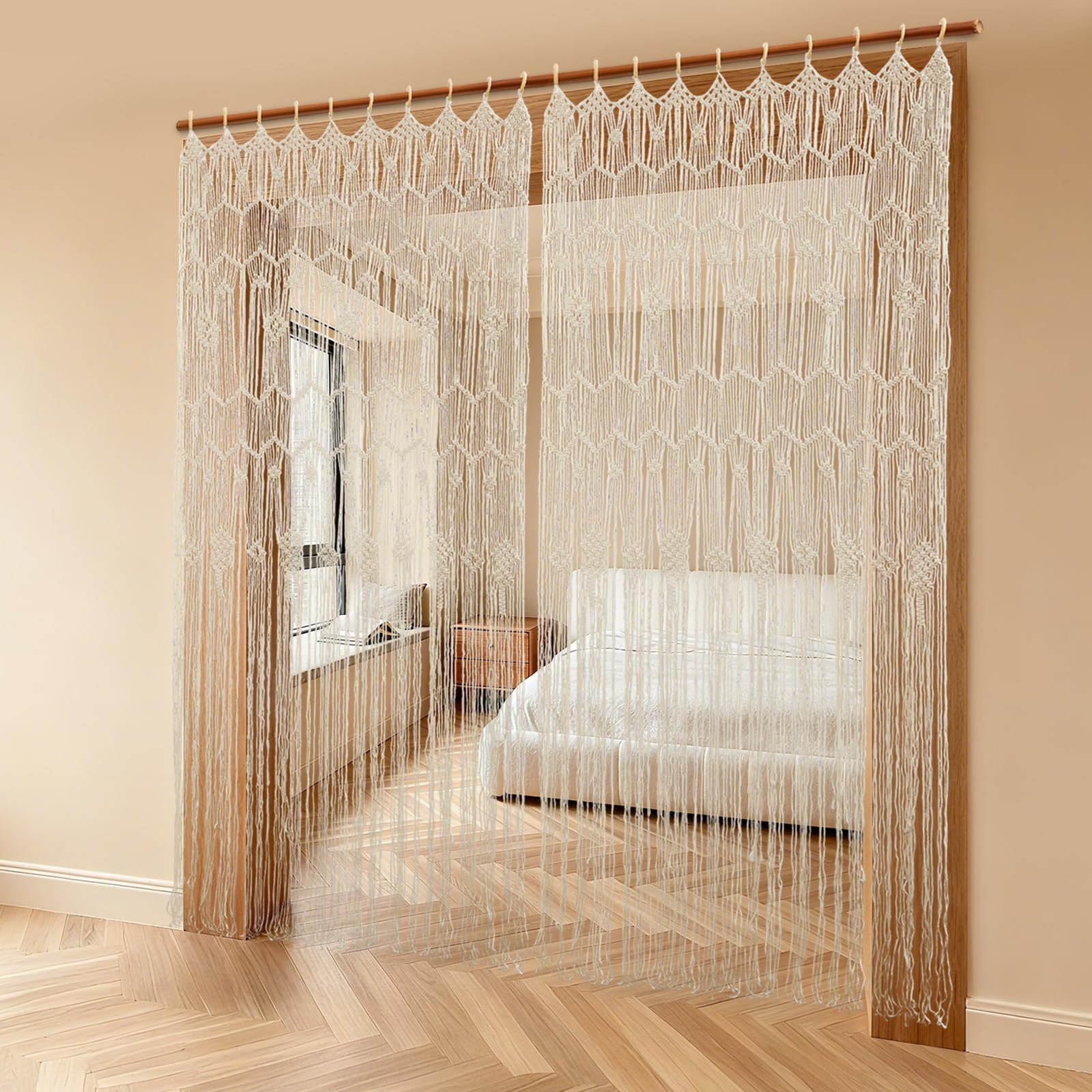Cortina de ventana de 100 x 200 cm – Cortina de macramé estilo bohemio, tejido a mano, 2 paneles, para salón, dormitorio, decoración de bodas
