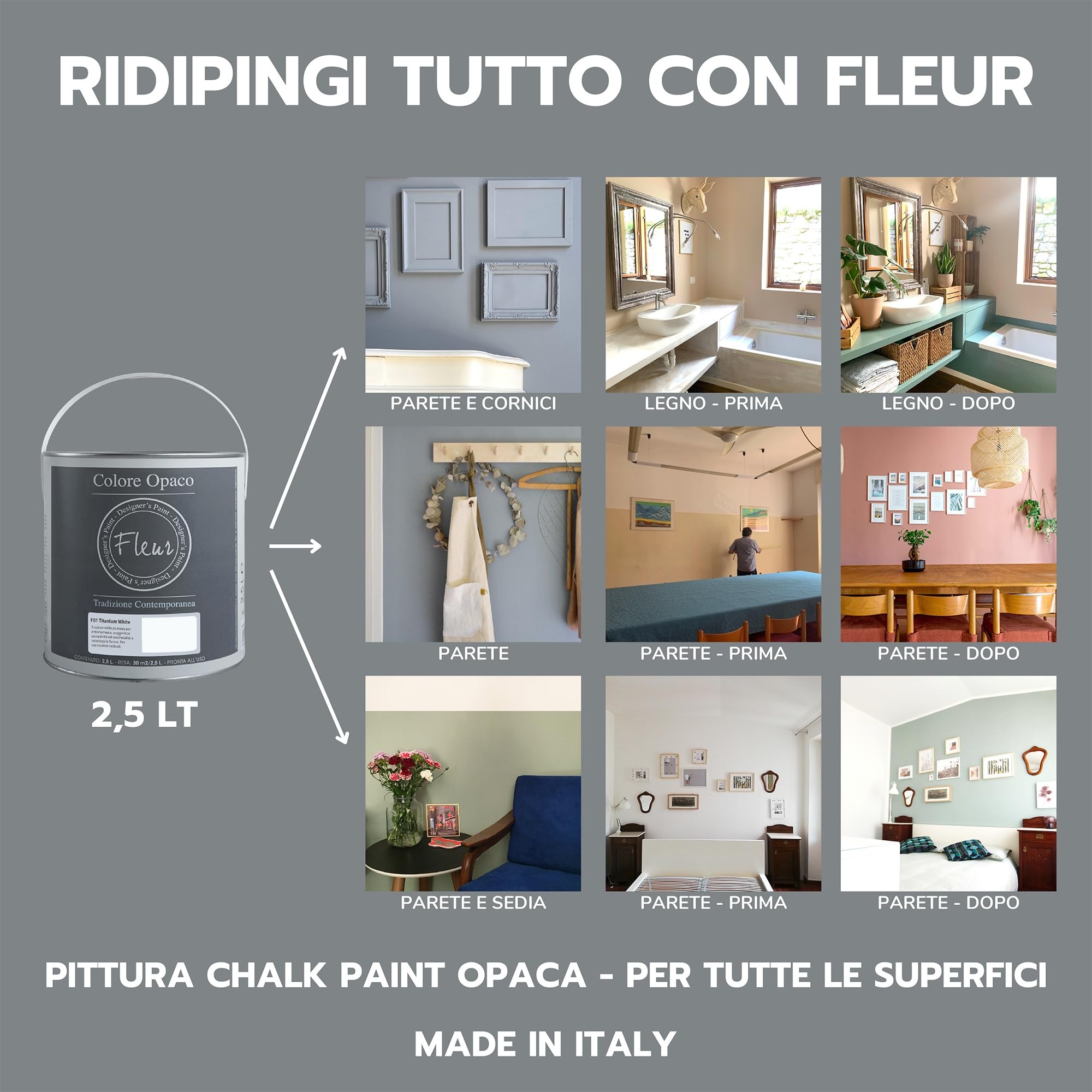 FLEUR DESIGNER'S PAINT | Pittura Chalk Paint Opaca, 2,5 L, Senza Carteggiare, Multisuperficie, Colore F04 Cream Love, Effetto Gesso, Per Pareti e Mobili, Extra Opaco, Ad Acqua, Made in Italy