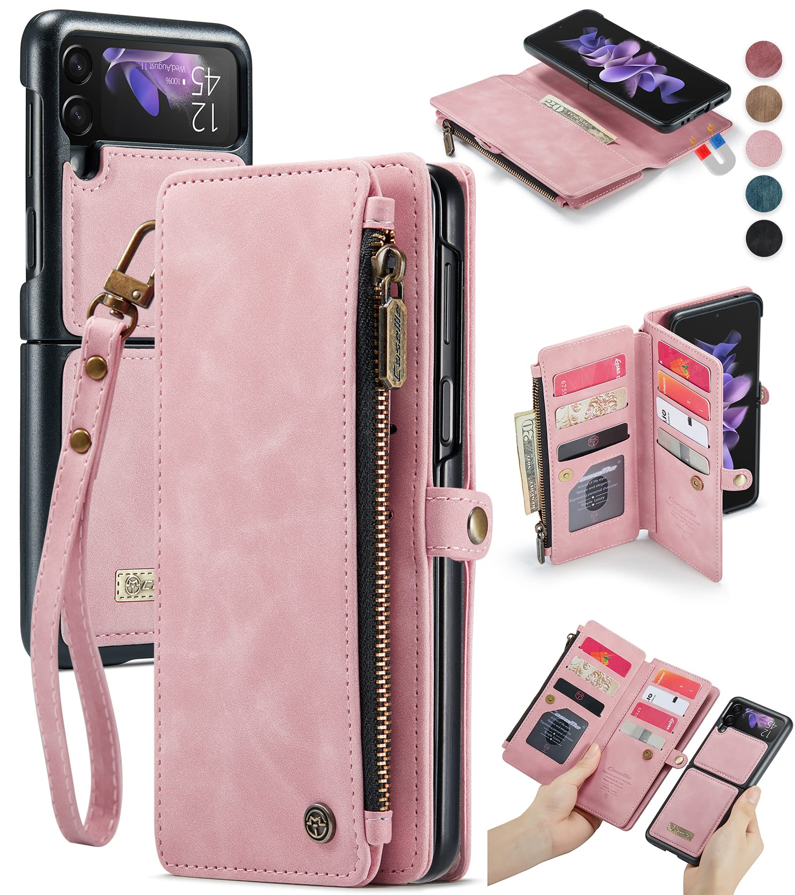 Defencase Z Flip 3 Case, for Galaxy Z Flip 3 Case Wallet Detachable for Women Men, PU Leather 2-in-1 Strap Zipper Magnetic Removable Wallet Case for Samsung Z Flip 3 with Card Holder, Rose Pink