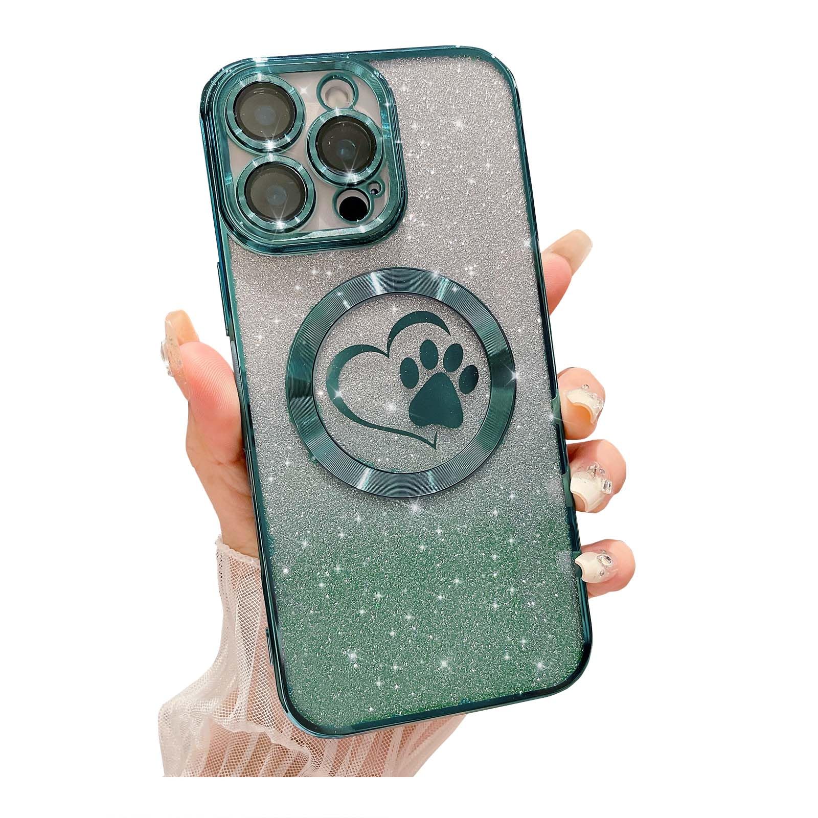 Weonmov for iPhone 16 Pro Case Glitter Clear Paw Love Heart Compatible with MagSafe, Full Camera Lens Protection Soft Slim Thin Cute Gradient Bling