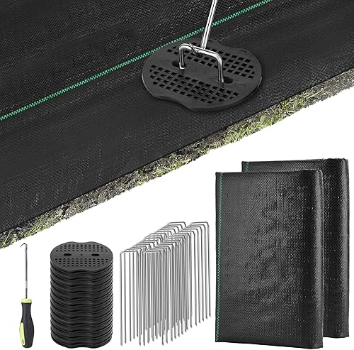 PAMASE Tela de barrera de malezas para paisajismo 40 juntas a prueba de desgarros, 40 estacas de jardín, gancho de púa, cubierta de suelo