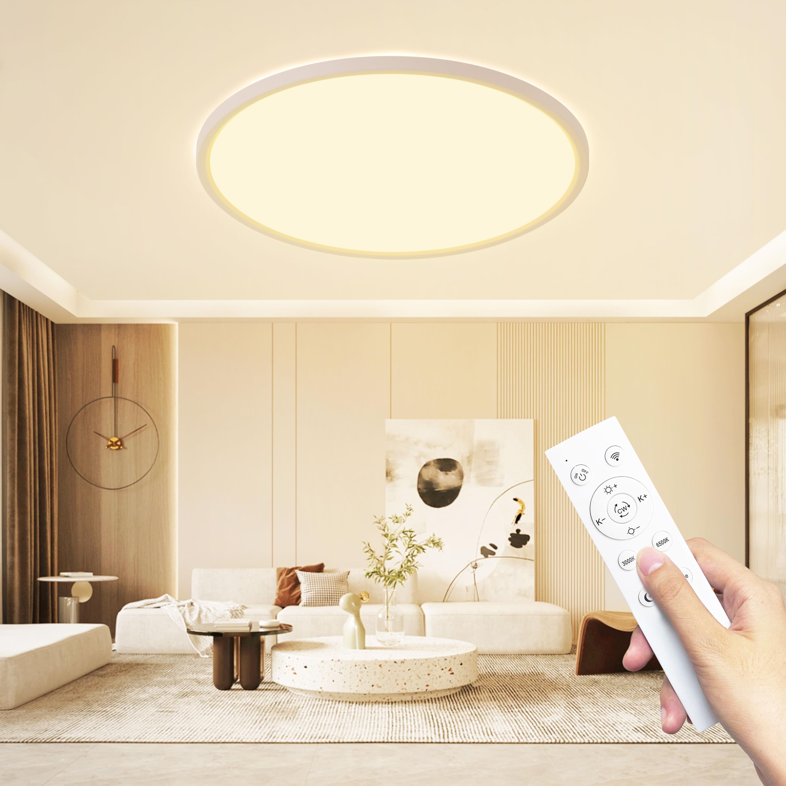 KIWIVIC LED Deckenleuchte, 46W Deckenlampe Flach Dimmbar mit Fernbedienung, 3000K-6500K, Ultra Dünn Deckenleuchte Flach für Wohnzimmer, Schlafzimmer Kinderzimmer Ø49cm, Weiß