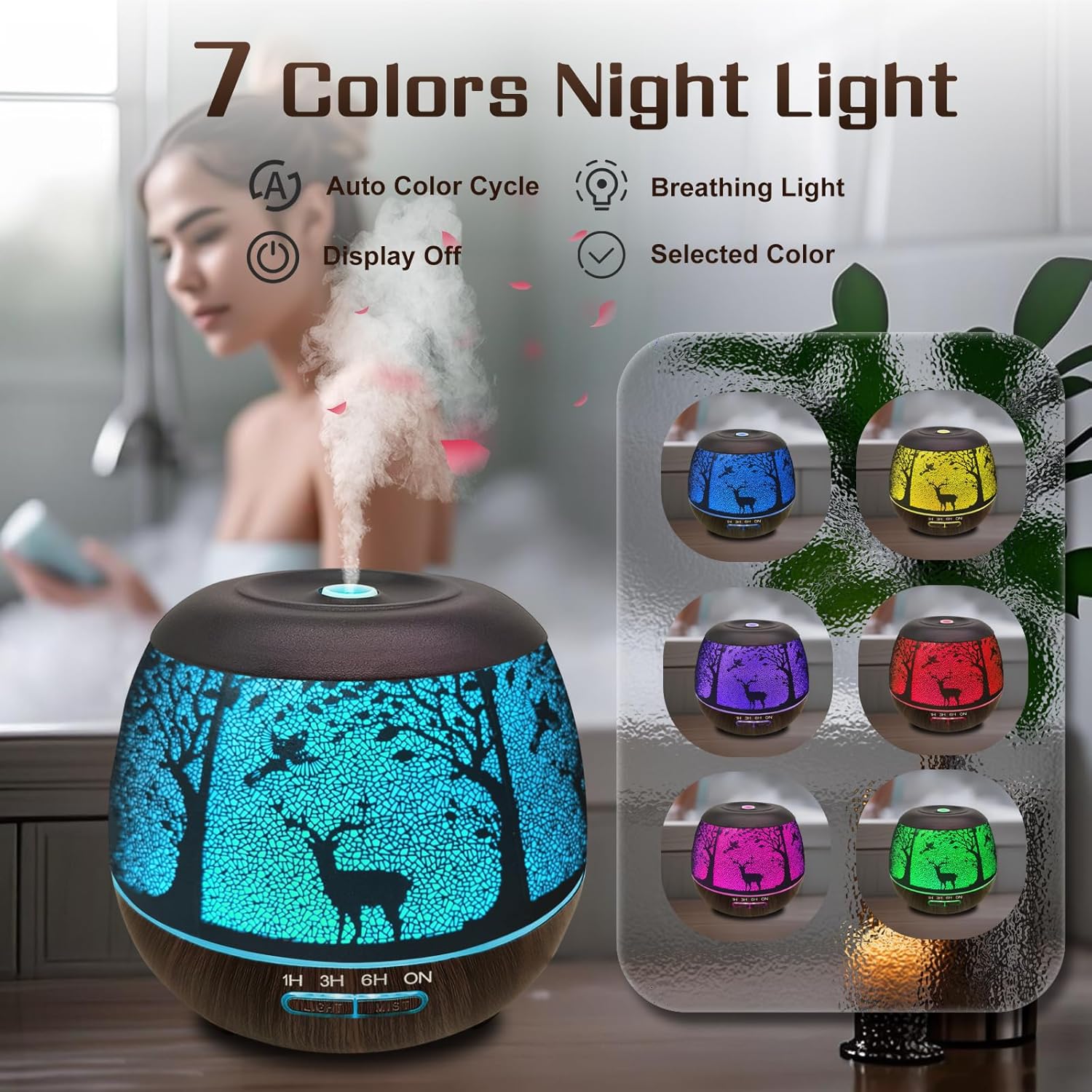 Essential Oil Diffuser for Bedroom 400ml Bluetooth,Diffusers for Home with R/C,Cool Mist Humidifier Large Room,Ultrasonic Scent Diffuser Waterless Auto Off,7 Colors Light & 3 Mist Modes for Desk Deer