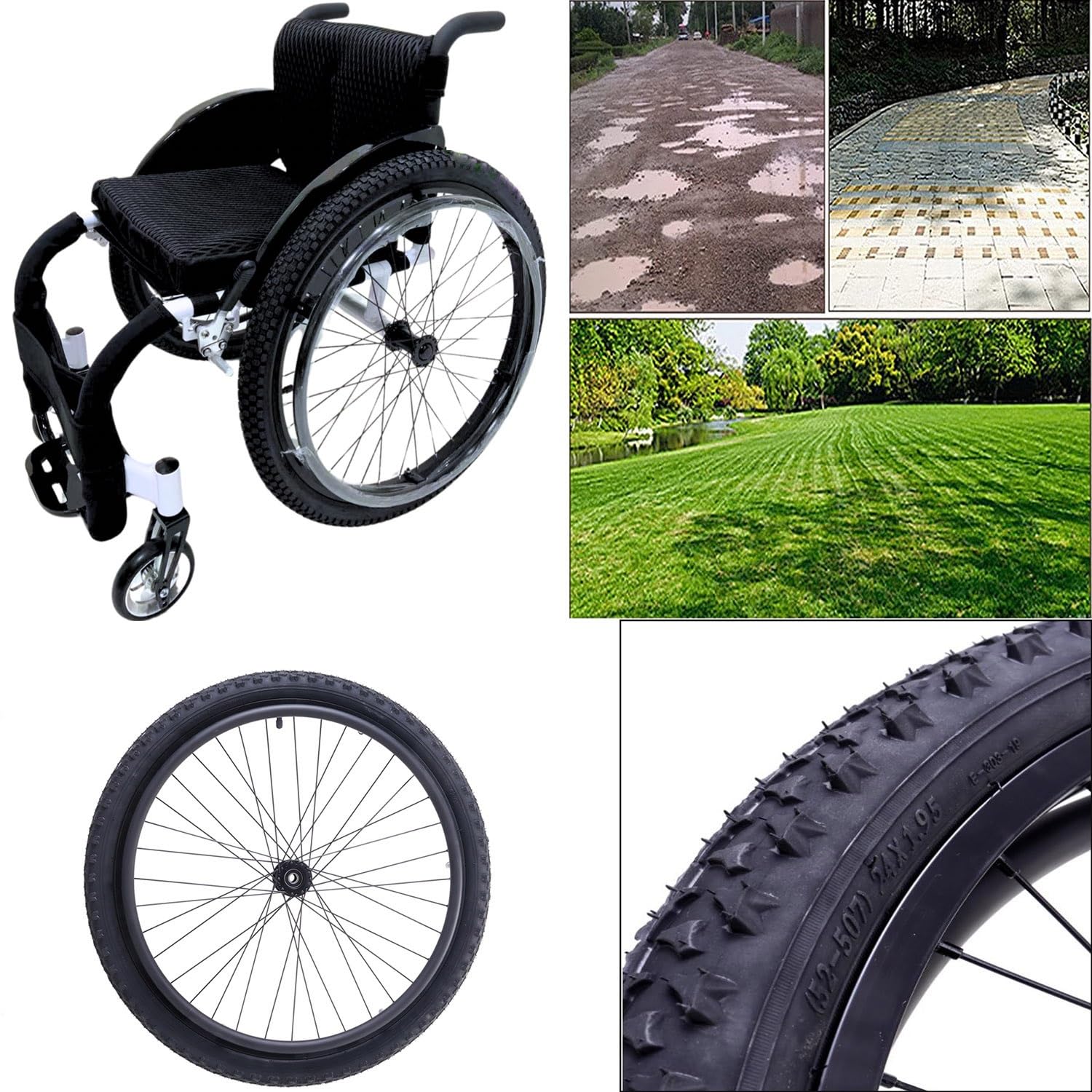 Para 24-calowych kół zapasowych do wózka inwalidzkiego, 24 x 1,95 z oponami pneumatycznymi, tylne koło do wózka inwalidzkiego ręcznego/sportowego, piasta i łożysko aluminiowe, czarne(Bearing 12mm)