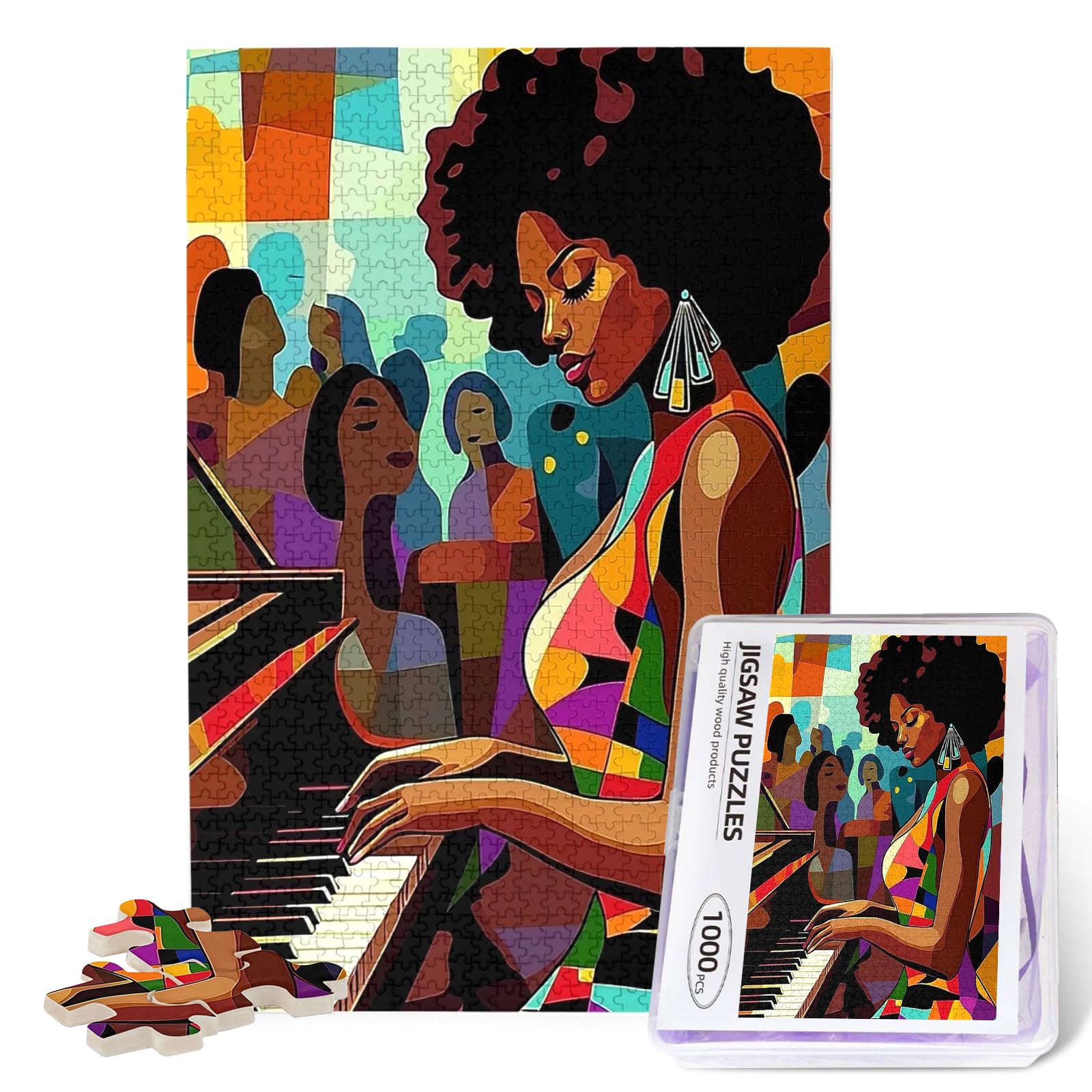 African Women Black Girl Jigsaw Puzzles 500 Pieces for Adults, African American Puzzles for Adults (Piano,Girl,Female) Pieces Musical Performance